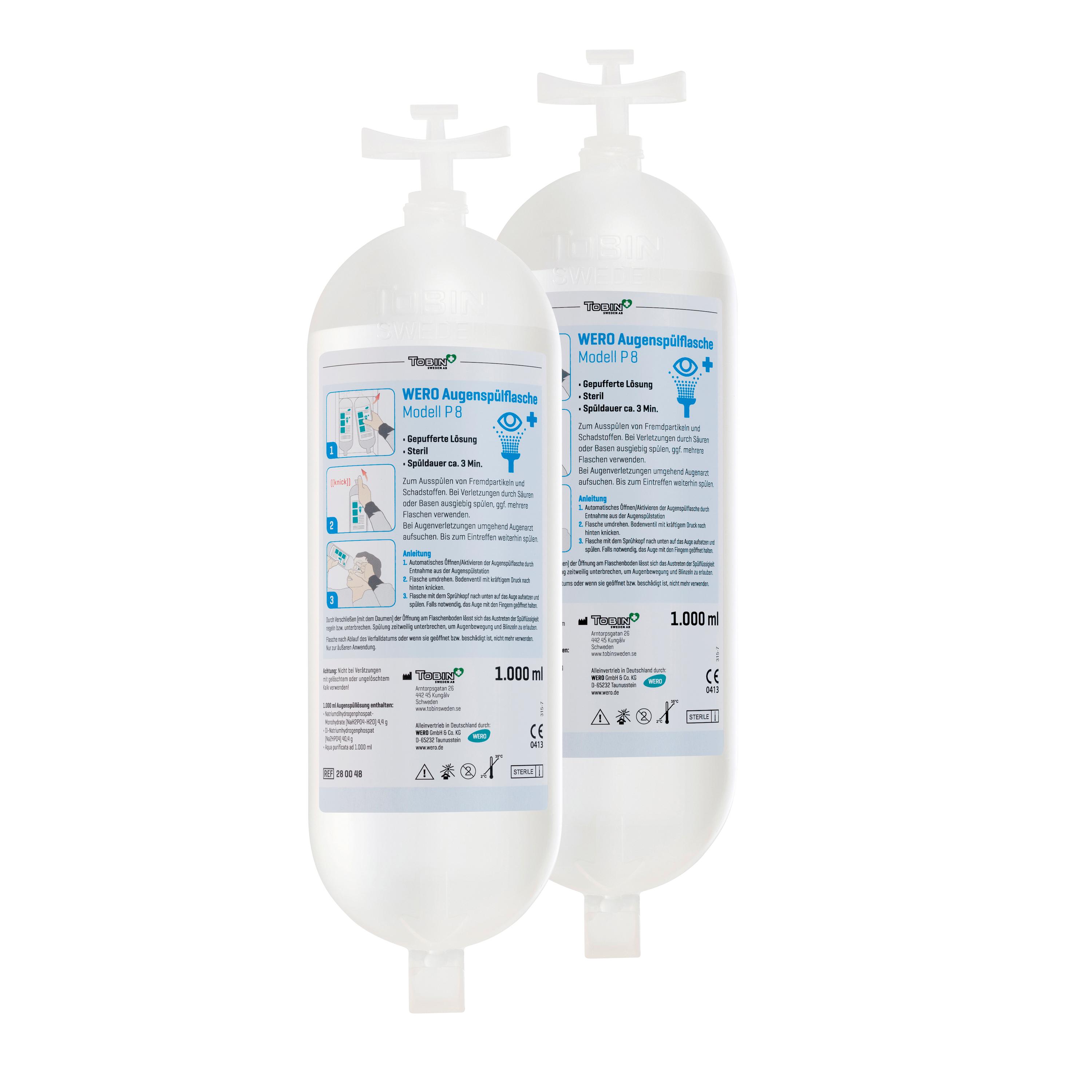 Eine ungeöffnete WERO Augenspülflasche Modell P 8 gepufferte Lösung, steril, mit seitlichem Griff und Ausguss, deutsche Gebrauchsanleitung sichtbar.