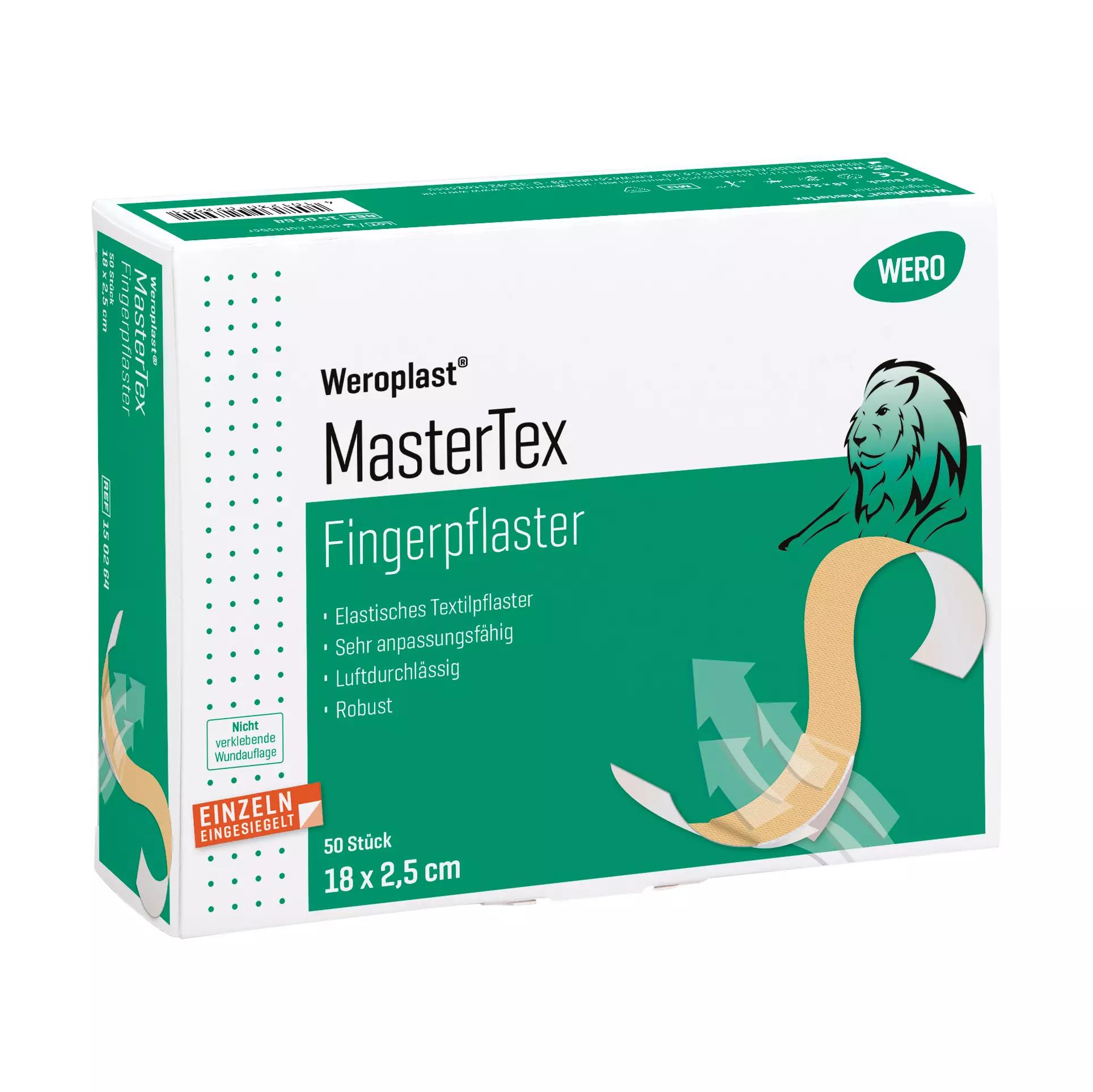 Weiße Box Fingerpflaster Weroplast® MasterTex mit 50 elastischen, sehr anpassungsfähigen und luftdurchlässigen Textilpflastern, Löwenmotiv auf Etikett.