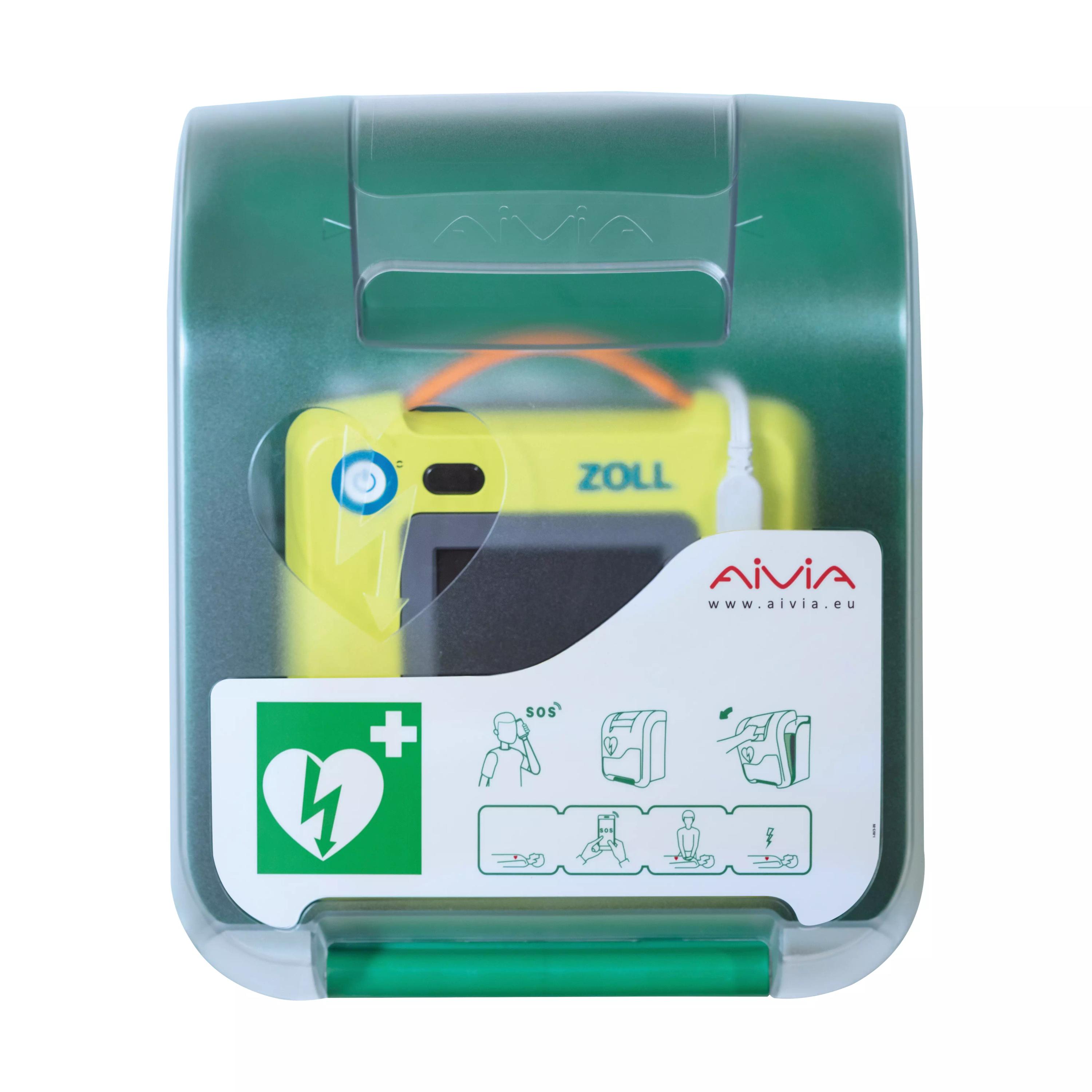 AED-Wandschrank AIVIA IN 100 mit ergonomischem Handgriff im transparenten Gehäuse, schützt Defibrillator durch robusten ABS-Kunststoff und Polycarbonatabdeckung.