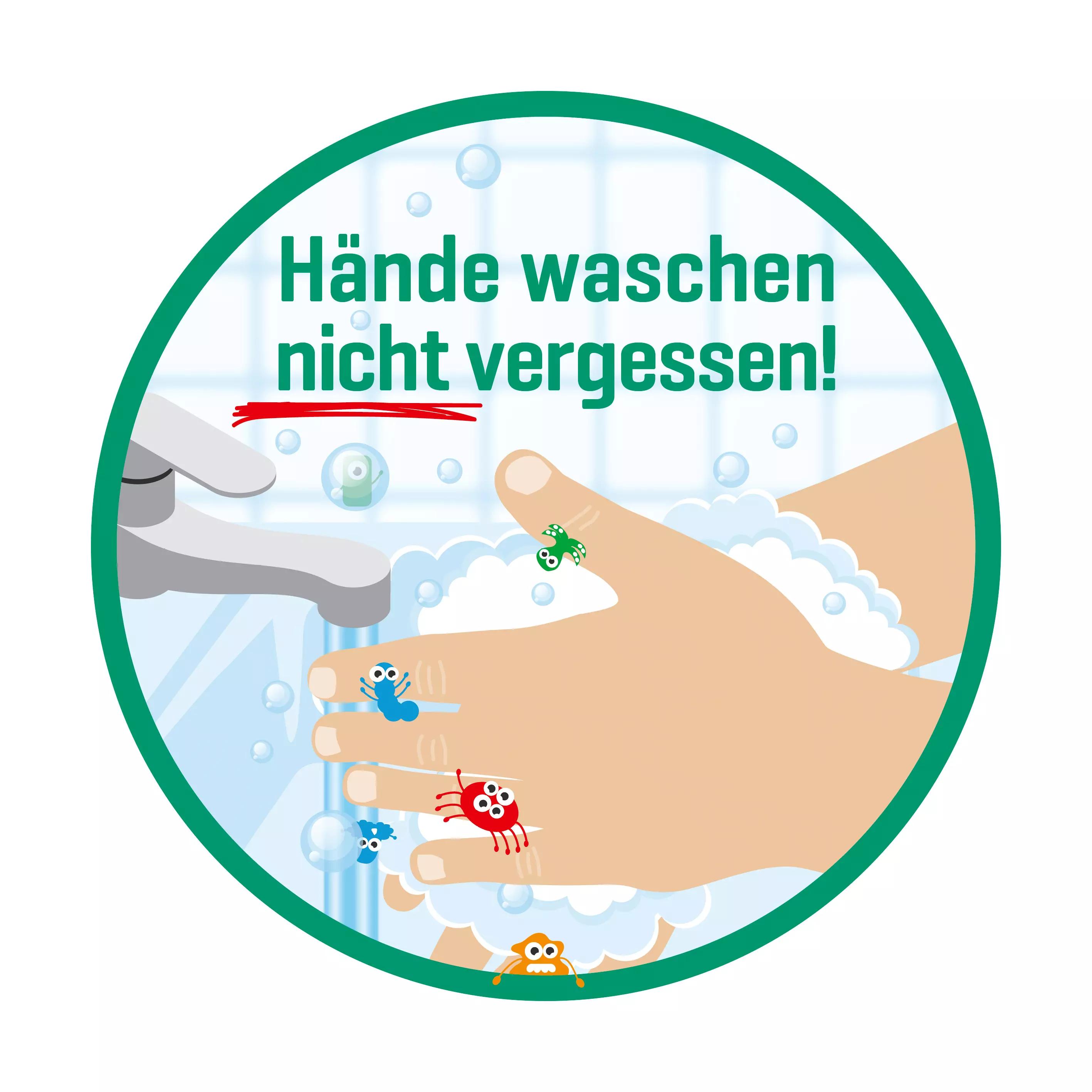 Ein runder Aufkleber „Hände waschen nicht vergessen!“, zeigt eine weiße Spüle mit waschenden Händen und fröhlichen Comicfiguren um das Waschbecken.