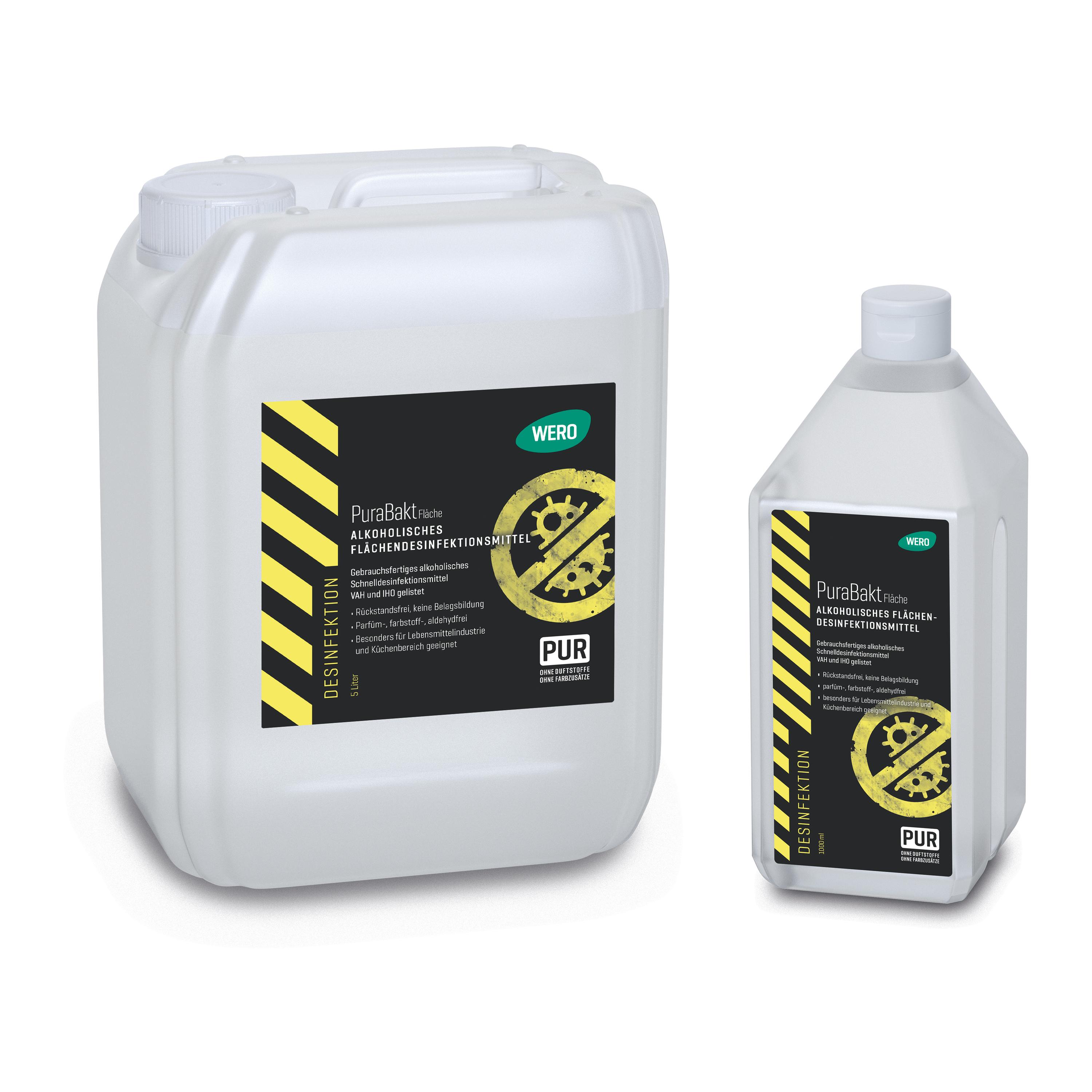 Drei weiße Kanister Flächendesinfektion Aktivin® PuraBakt, jeweils 10 Liter, mit Hinweisen auf bakterizide Wirkung, alkoholfrei und lebensmitteltauglich.