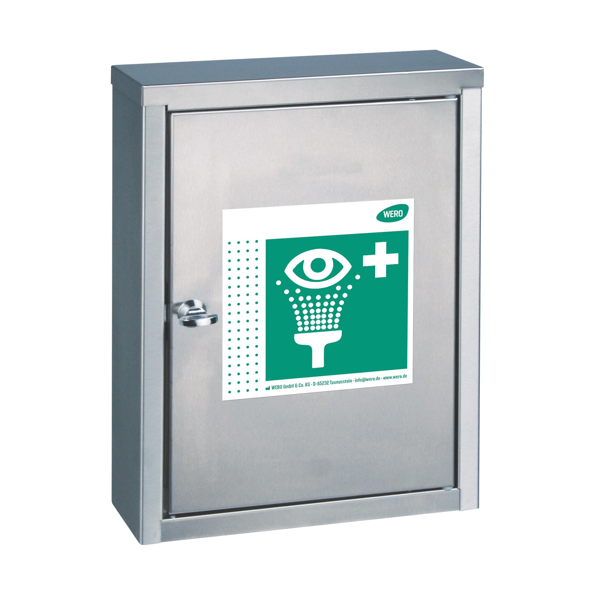 Edelstahlkasten WERO Augenspülstation Modell V4A, leer, rechteckig mit silbernem Griff und grün-weißem Augenspül-Piktogramm auf der Tür.