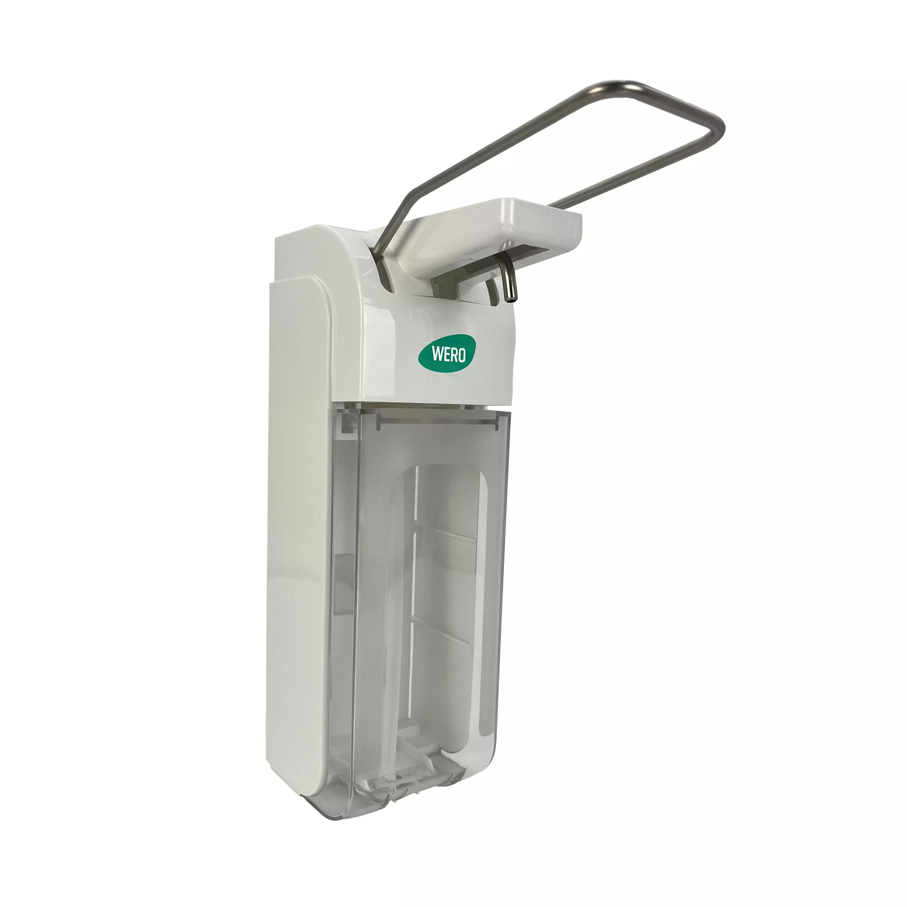 WERO Kunststoff-Direktspender Universal 500 / 1.000 ml mit weißem Gehäuse, grünem Etikett und Metallbügel zur einhändigen Bedienung.