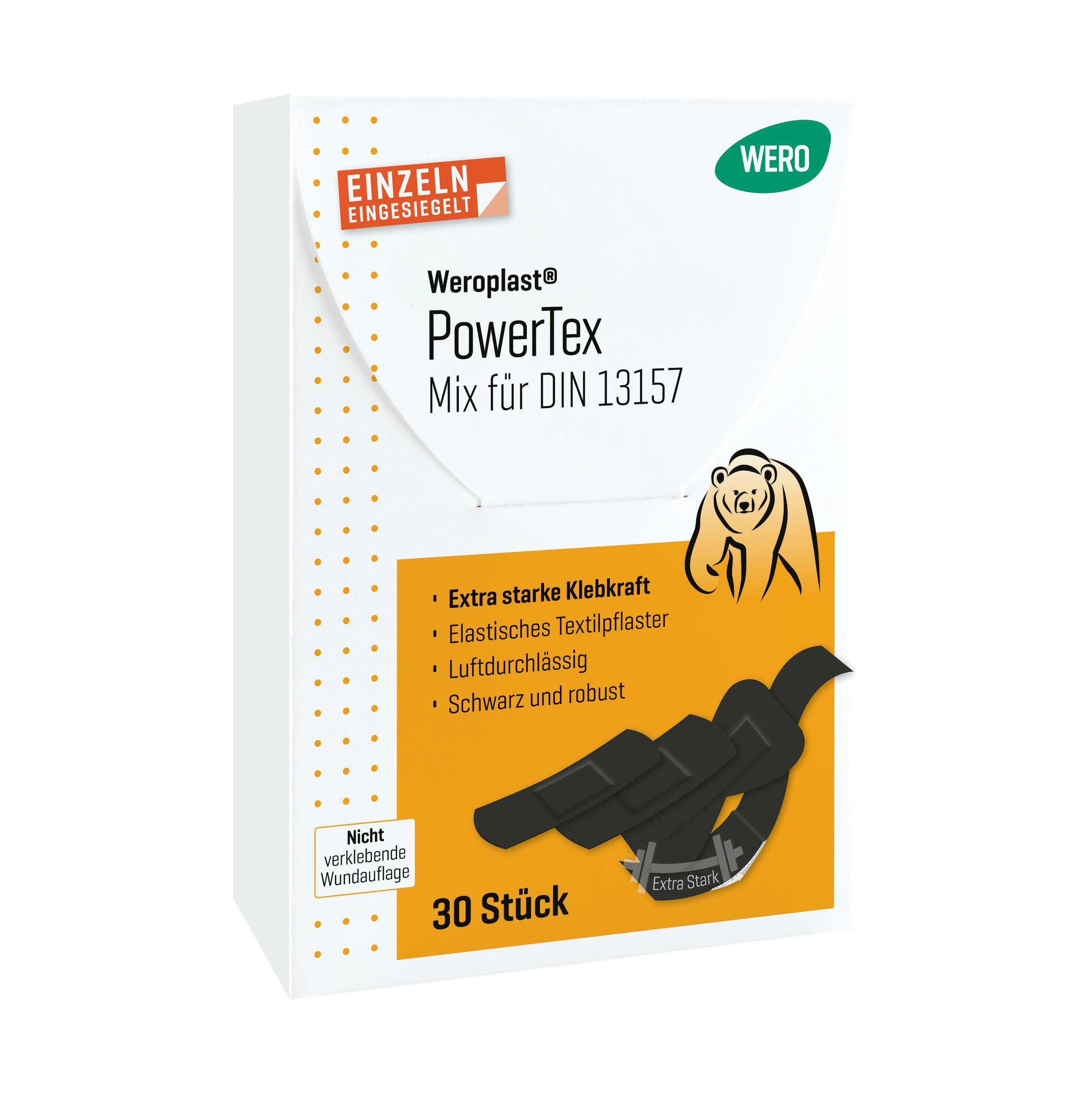 Aufrecht stehende Packung Weroplast® PowerTex Pflaster - Mix DIN 13157 mit gelb-orangem Etikett, Extra starke Klebkraft, schwarz, längs- und querelastisch, 30 Stück.