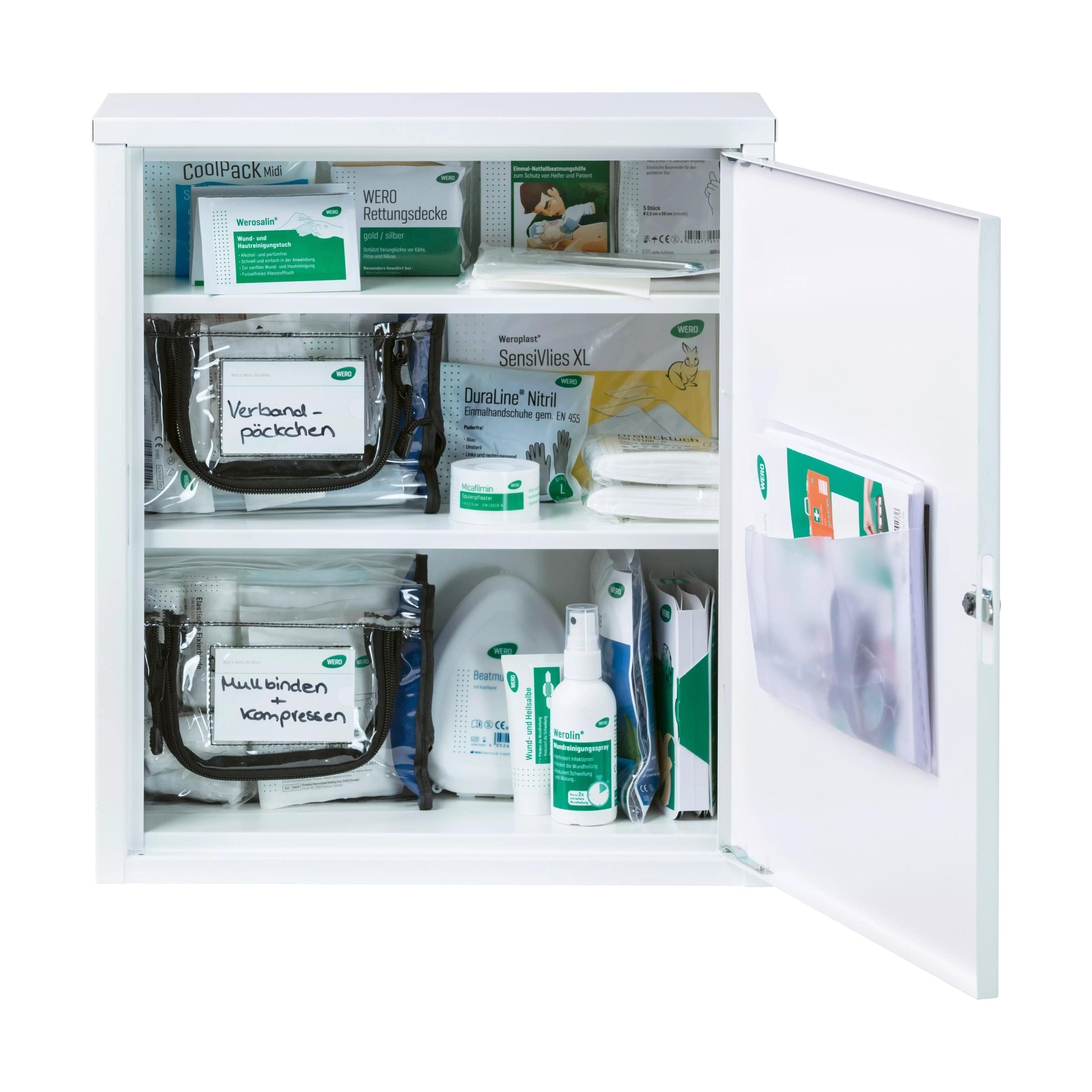 Offener WERO Verbandschrank MidiTrio 200 mit WERO Füllung DIN 13157 Allround, sortiert mit Pflastern, Kompressen und medizinischem Zubehör