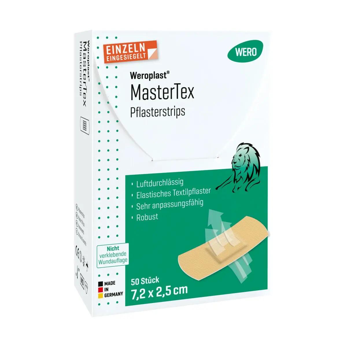 Weiße Schachtel Pflasterstrips Weroplast® MasterTex mit grünem Etikett, zeigt beiges, luftdurchlässiges Pflaster aus anpassungsfähigem, hochfestem Gewebe.