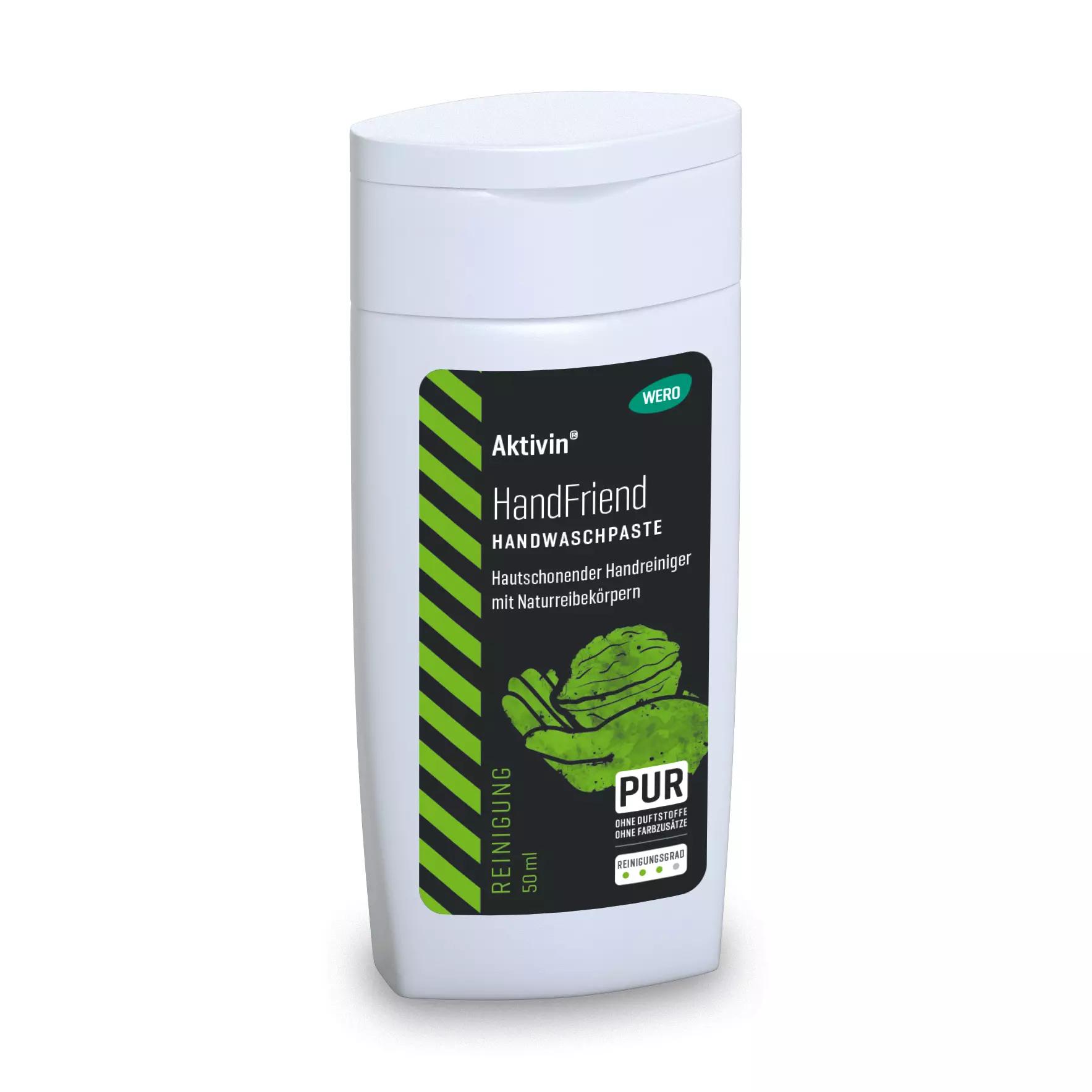 Weiße Flasche Handwaschpaste Aktivin® HandFriend - Probiergröße, 50 ml, mit grünem Deckel und Walnussschalen-Naturreibekörpern auf Etikett.