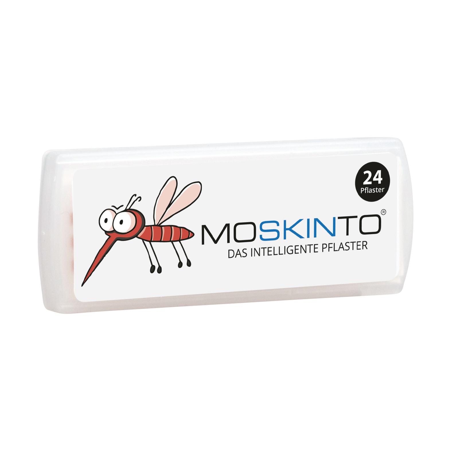Aufrecht stehende MOSKINTO® Mückenpflaster – gegen Juckreiz Box mit rotem Mückenmotiv, 24 Stück, zur Linderung bei Insektenstichen.