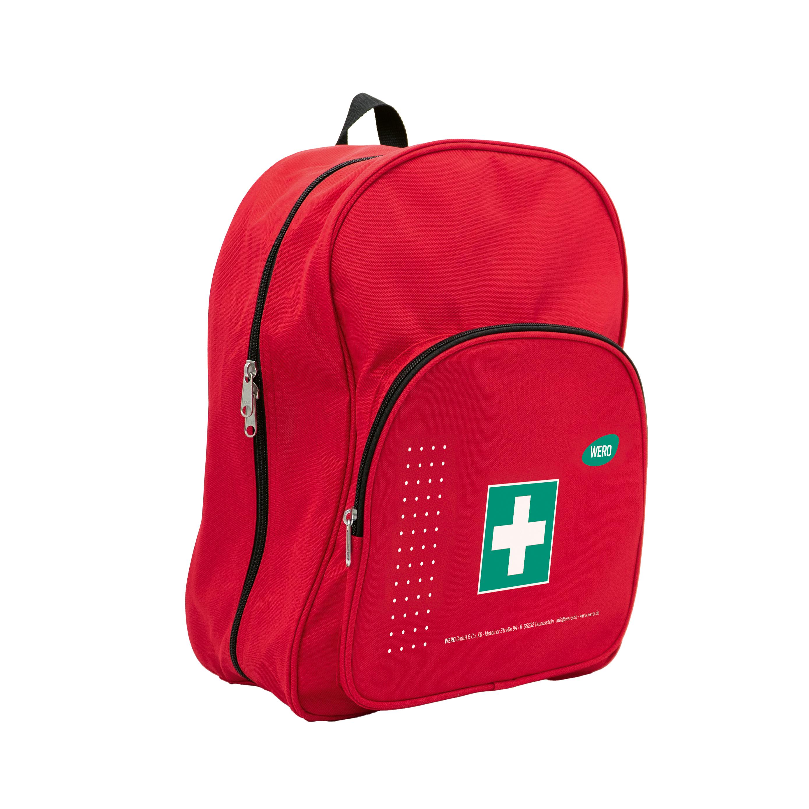 Ein roter WERO Erste Hilfe Rucksack aus Nylon mit Netzfächern, Fronttasche und weißem Kreuzsymbol, schwarzer Griff und Träger.