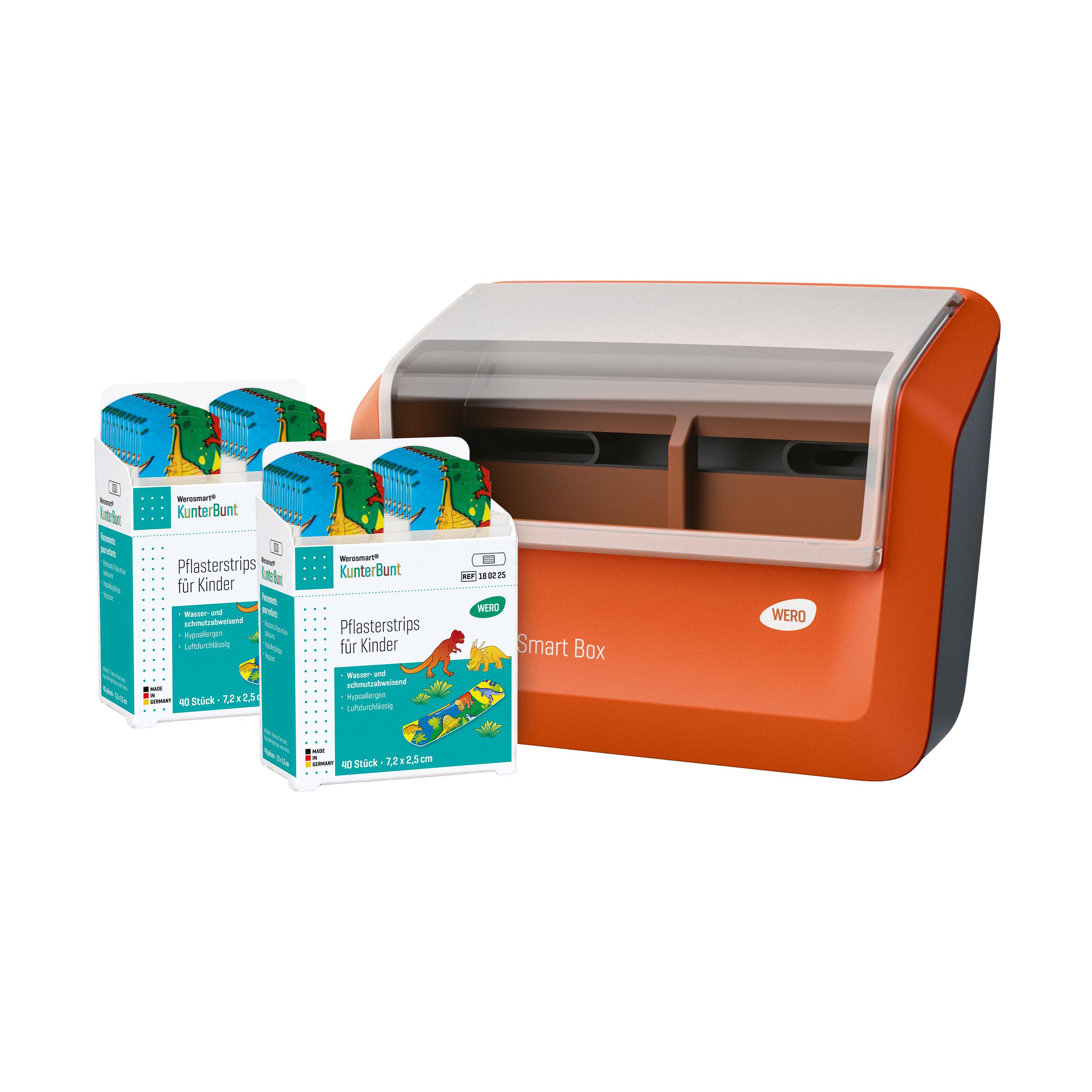 WERO Smart Box® Pflasterspender gefüllt mit Werosmart KunterBunt Pflasterstrips für Kinder, hypoallergen, wasserabweisend, sichtbar durch Klarsichtfenster.