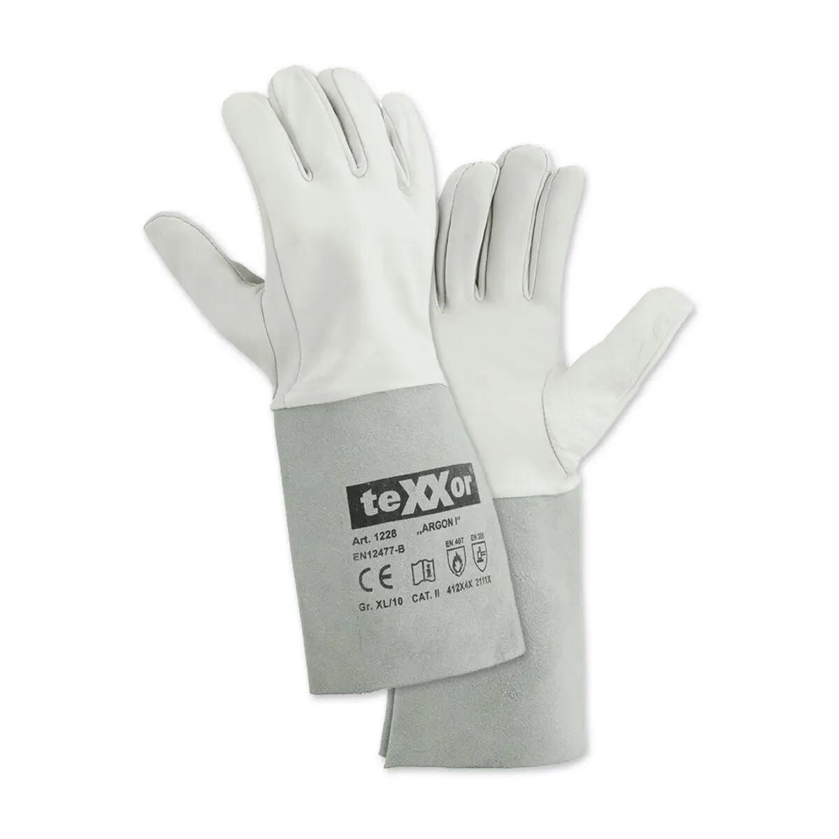 Ein Paar Schweißerhandschuh teXXor® ARGON I, Gr. 10, aus robustem Leder mit extra langer Stulpe und 5-Finger-Design, seitlich nebeneinander liegend.