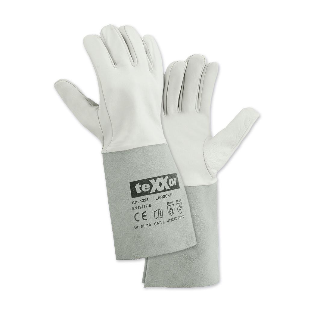 Ein Paar Schweißerhandschuh teXXor® ARGON I, Gr. 10, aus robustem Leder mit extra langer Stulpe und 5-Finger-Design, seitlich nebeneinander liegend.