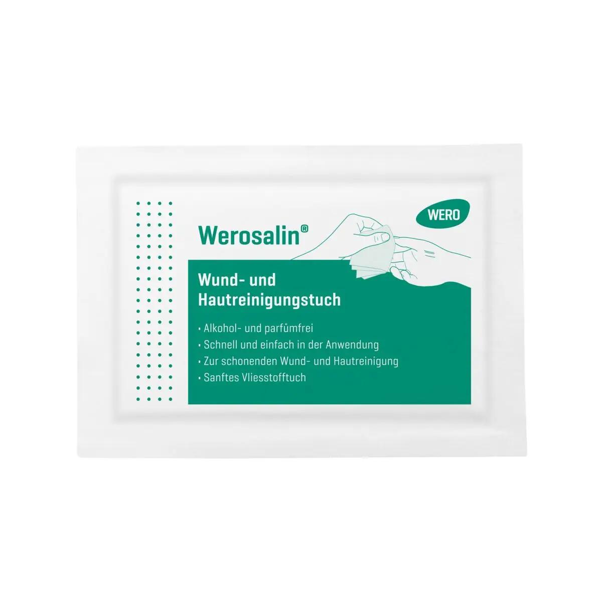 Kompaktes Werosalin® Wund- und Hautreinigungstuch in weißer Packung mit grünem Etikett, zeigt Hände und mehrsprachige Produktinfos.