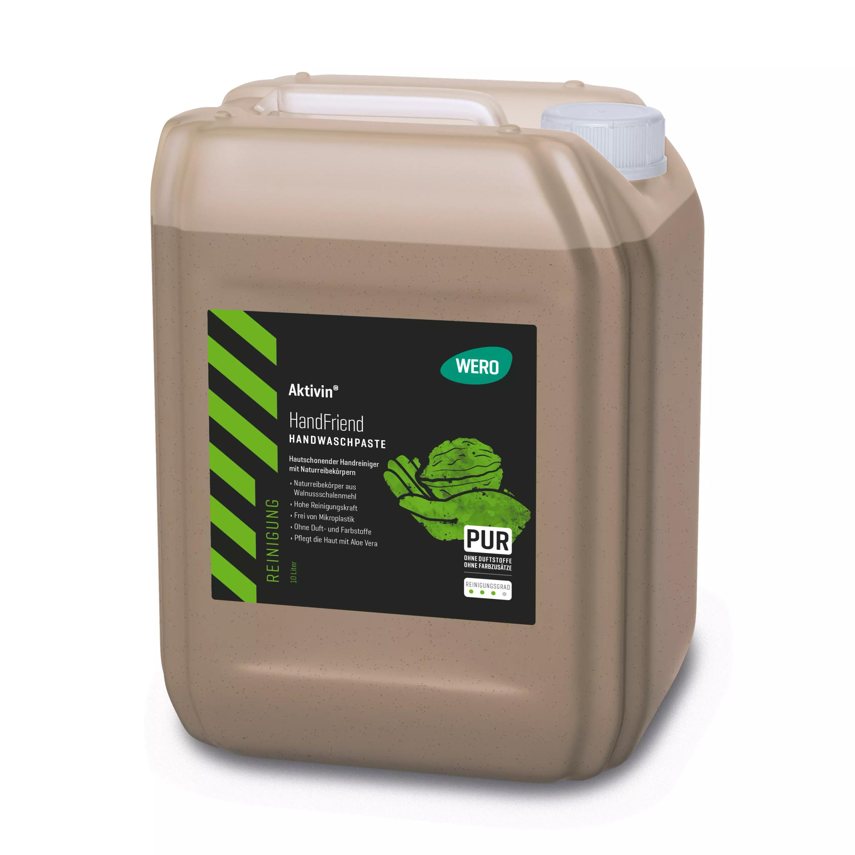 Beiger 10-Liter-Kanister Handwaschpaste Aktivin® HandFriend mit Walnussschalen-Naturreibekörpern, lösemittelfrei, intensive Reinigung bei starken Verschmutzungen.