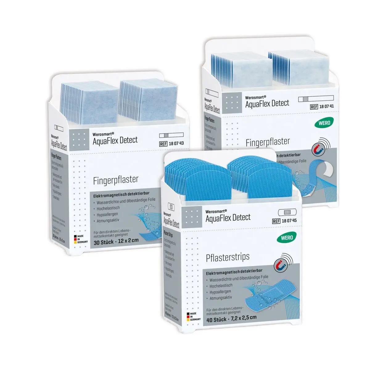 Drei Boxen Werosmart® AquaFlex Detect Pflasterspender-Einsätze Fingerpflaster mit blauen, elektronisch detektierbaren, wasserdichten und ölbeständigen Pflastern.