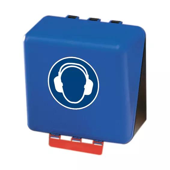 SecuBox® Aufbewahrungsbox für Kapselgehörschützer aus blauem Kunststoff mit rotem Griff und drei schwarzen Verschlussclips, vorne Piktogramm.