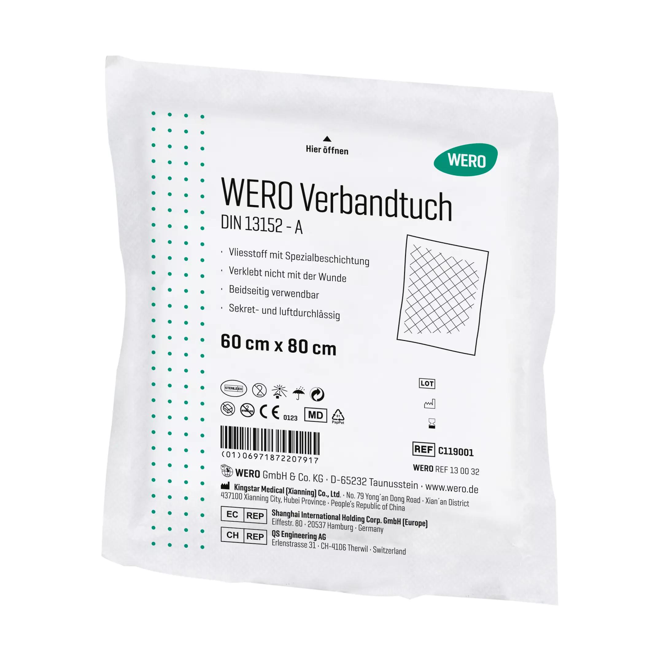 Steril verpacktes WERO Verbandtuch DIN 13152, 60 cm, mit beidseitiger Spezialbeschichtung und leichter, luftdurchlässiger Vliesoberfläche.