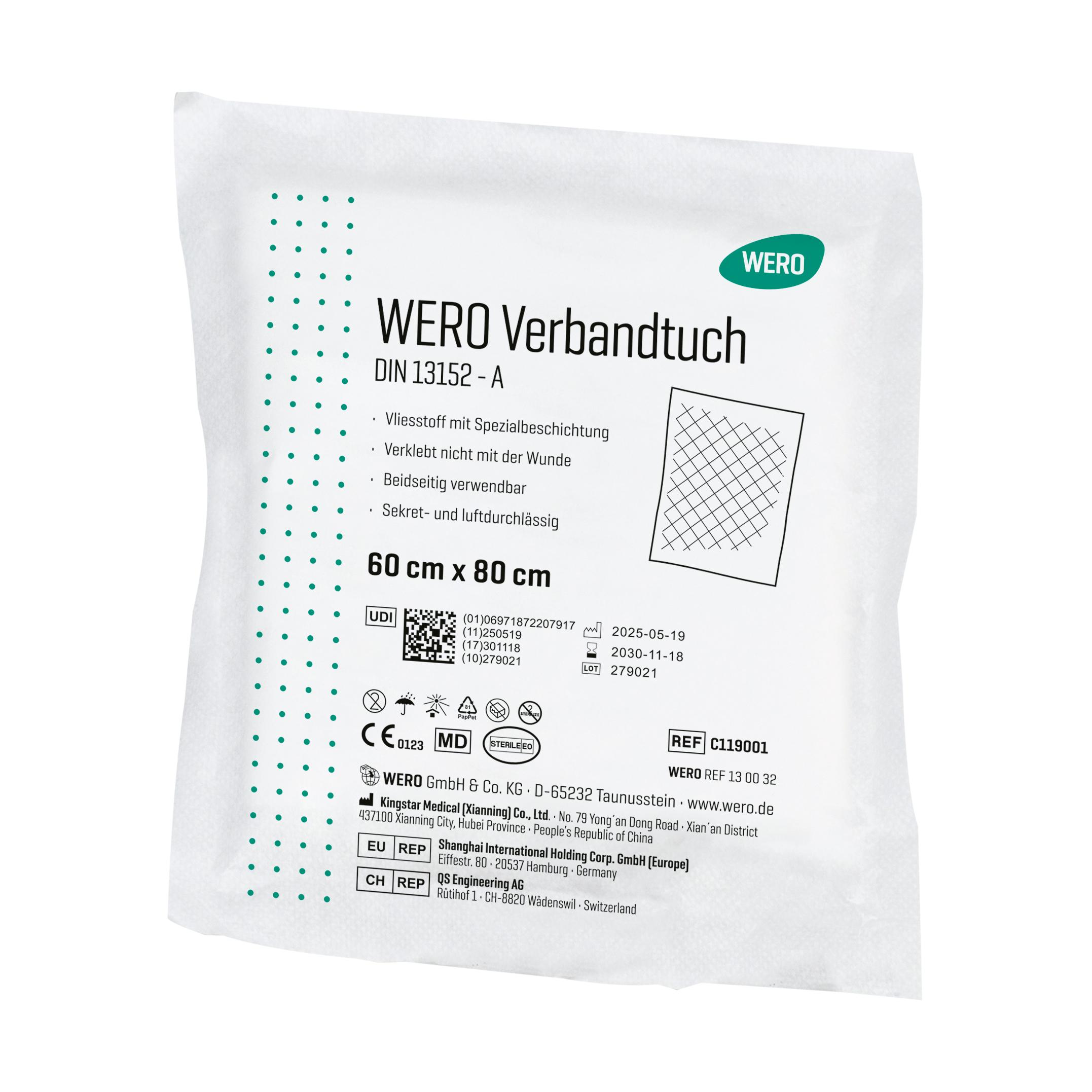 Steril verpacktes WERO Verbandtuch DIN 13152, 60 cm, mit beidseitiger Spezialbeschichtung und leichter, luftdurchlässiger Vliesoberfläche.