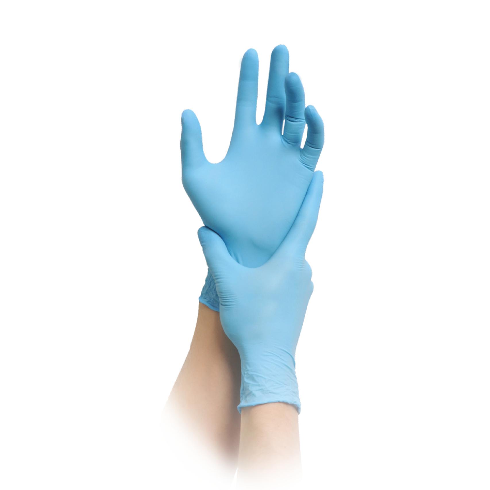 Zwei Hände mit Nitril-Einmalhandschuhen solution 100 blue, die durchgehend blau, puderfrei und an den Fingerspitzen texturiert sind.