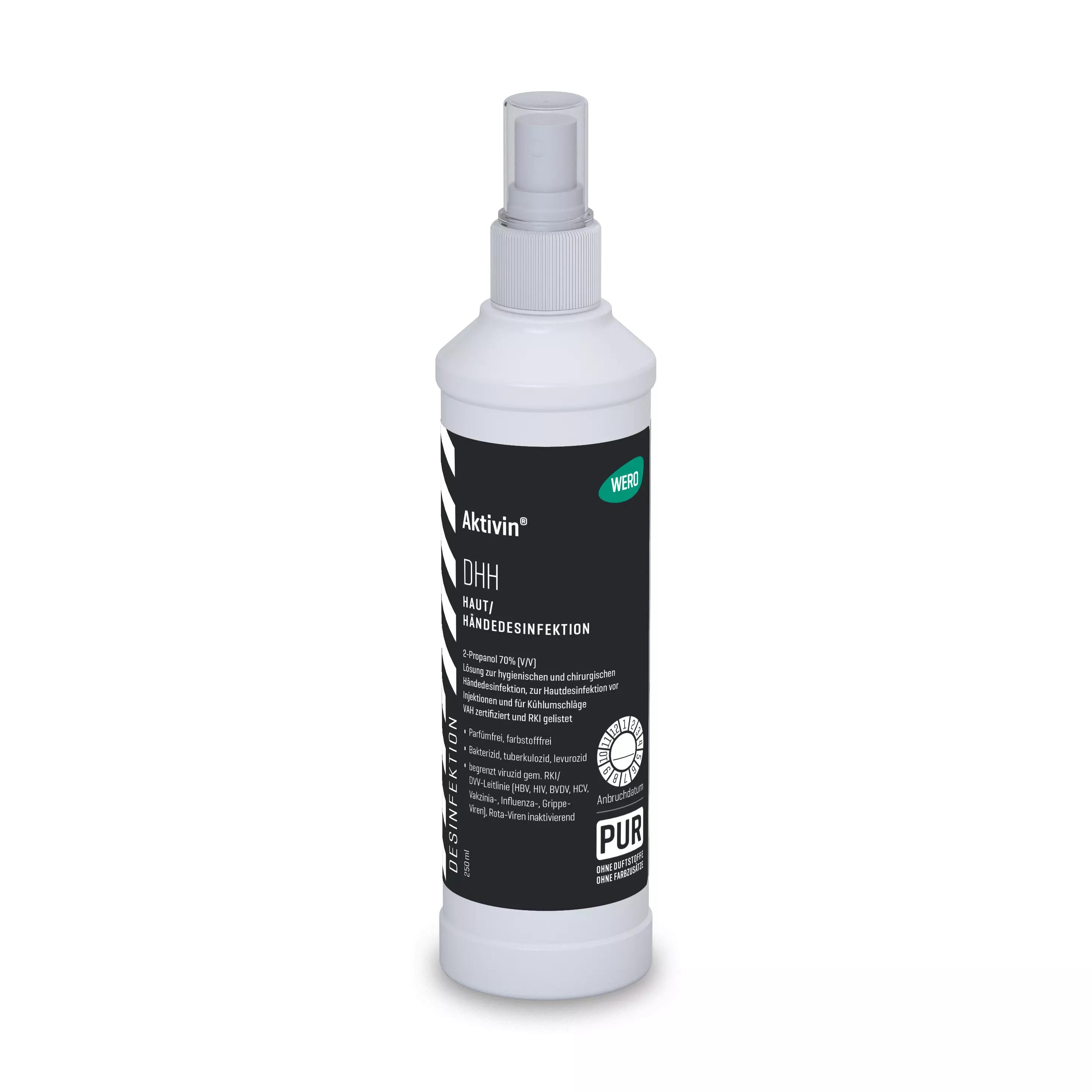 Haut- und Händedesinfektionsmittel Aktivin® DHH - Sprühflasche, 250 ml mit weißer Pumpe, klares Etikett und 70% 2-Propanol für effektive Anwendung.