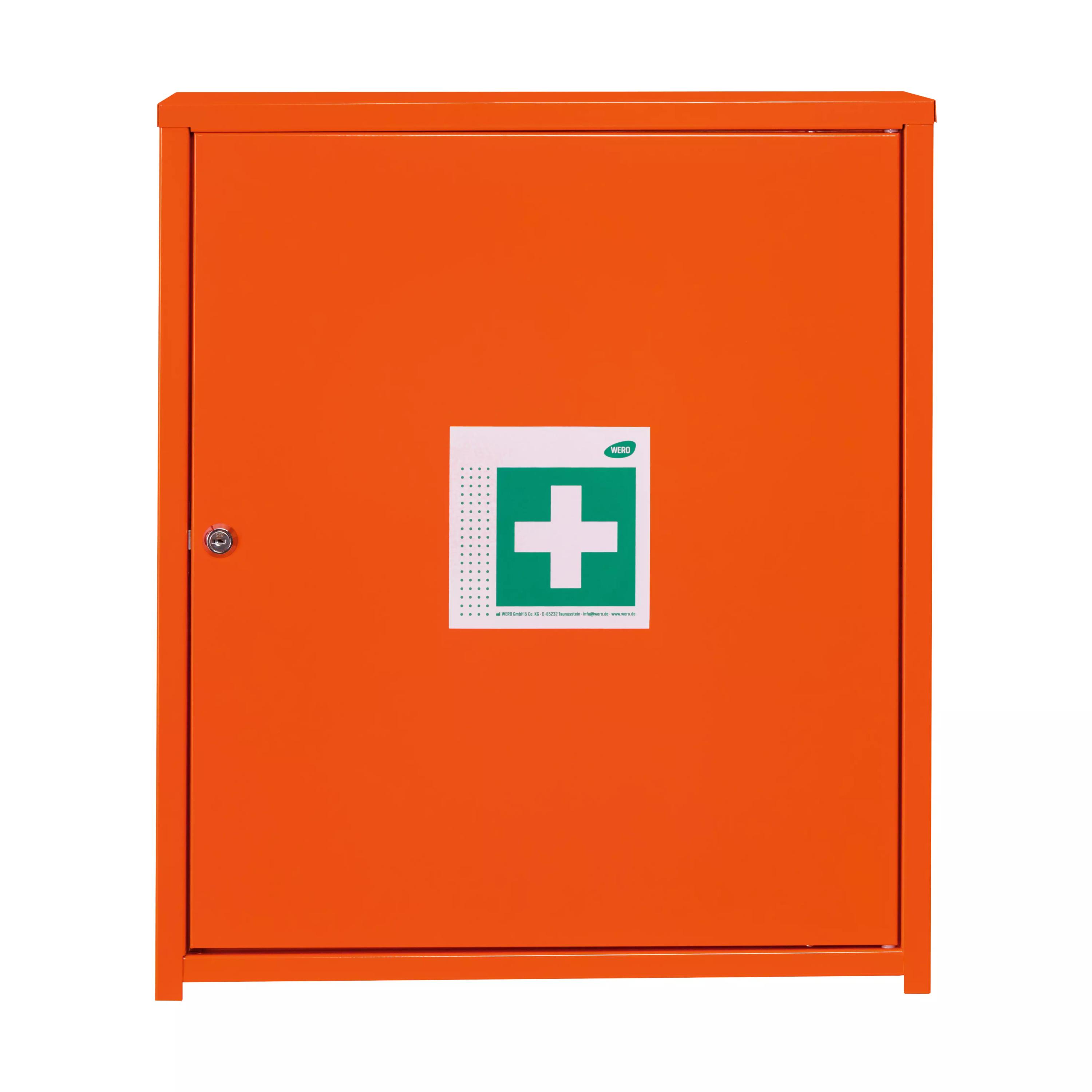 Ein orangefarbener WERO Verbandschrank MaxiDeep 6 / 073 mit grünem Erste-Hilfe-Kreuz, Zylinderschloss und zwei verstellbaren Fachböden.