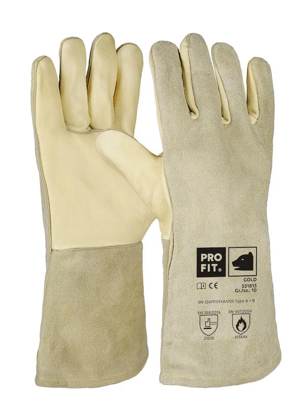 Beige Arbeitshandschuhe mit schwarzem PROFIT-Bärenlogo, Daumenschutz, GOLD-Schriftzug, CE- und EN 58277/01 Zertifizierung, Größe 118.5 (UK).