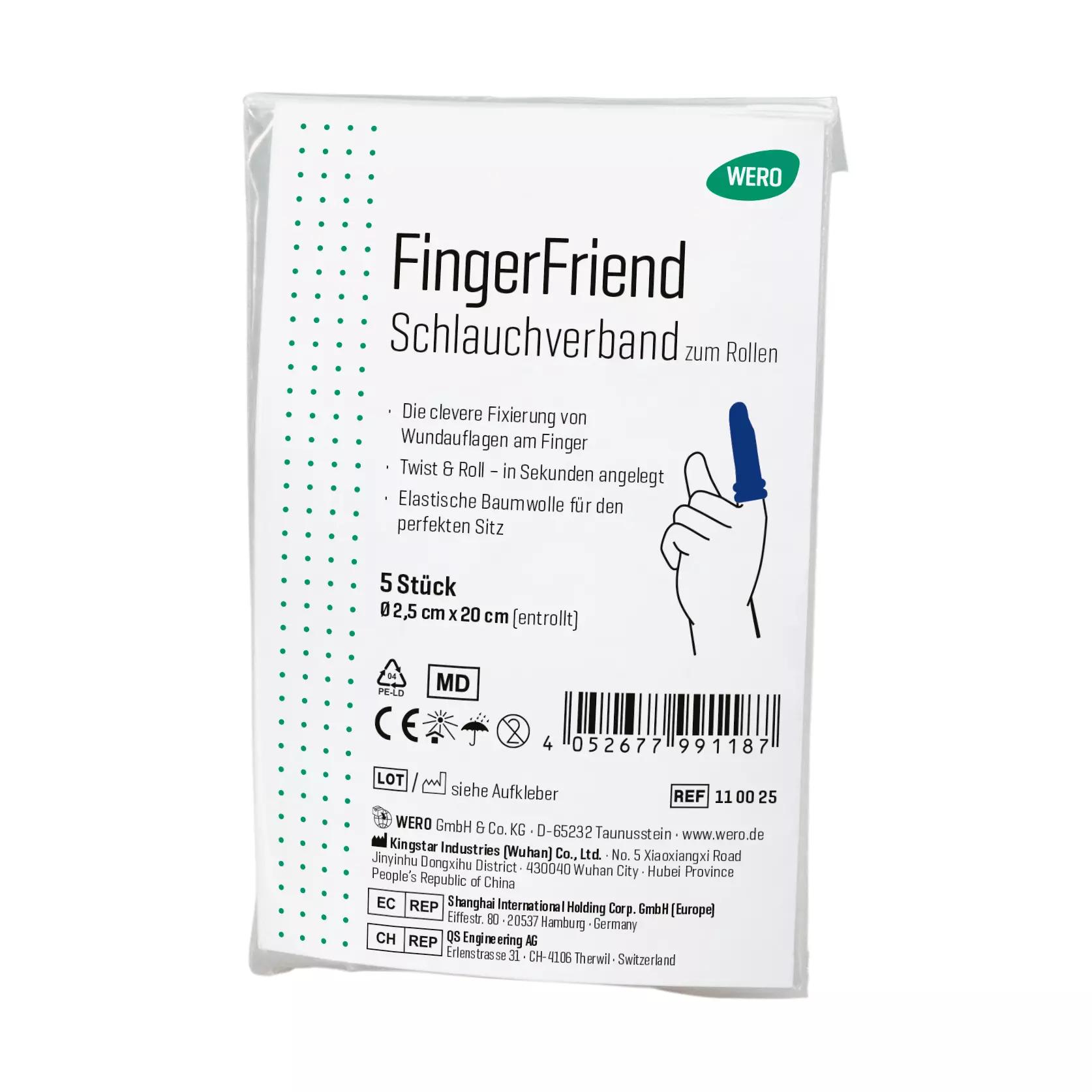 Eine weiße Packung WERO FingerFriend Schlauchverband zum Rollen, 5 Stück, mit Illustrationen zur schnellen, einhändigen Anwendung und elastischer Baumwolle.