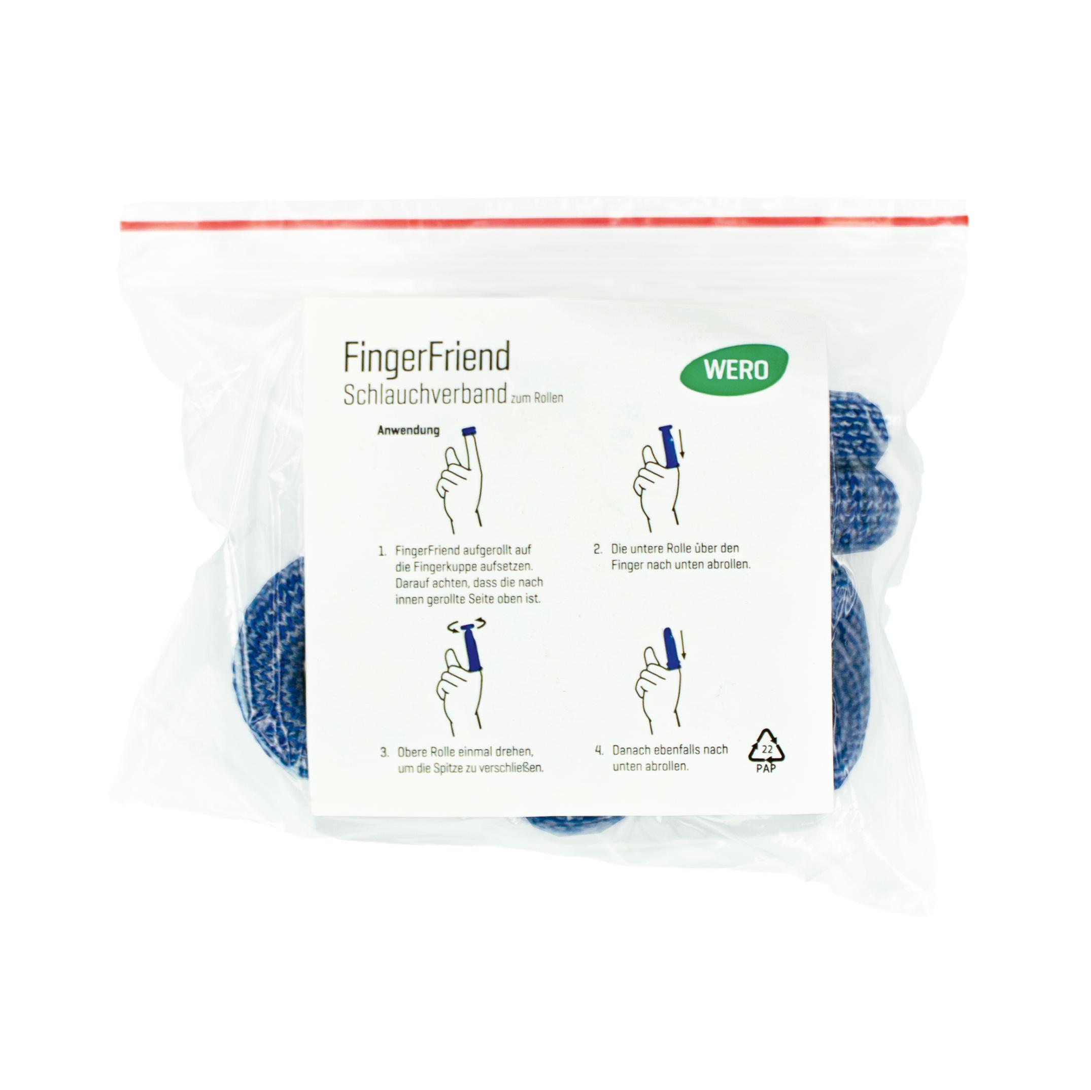 Eine weiße Packung WERO FingerFriend Schlauchverband zum Rollen, 5 Stück, mit Illustrationen zur schnellen, einhändigen Anwendung und elastischer Baumwolle.