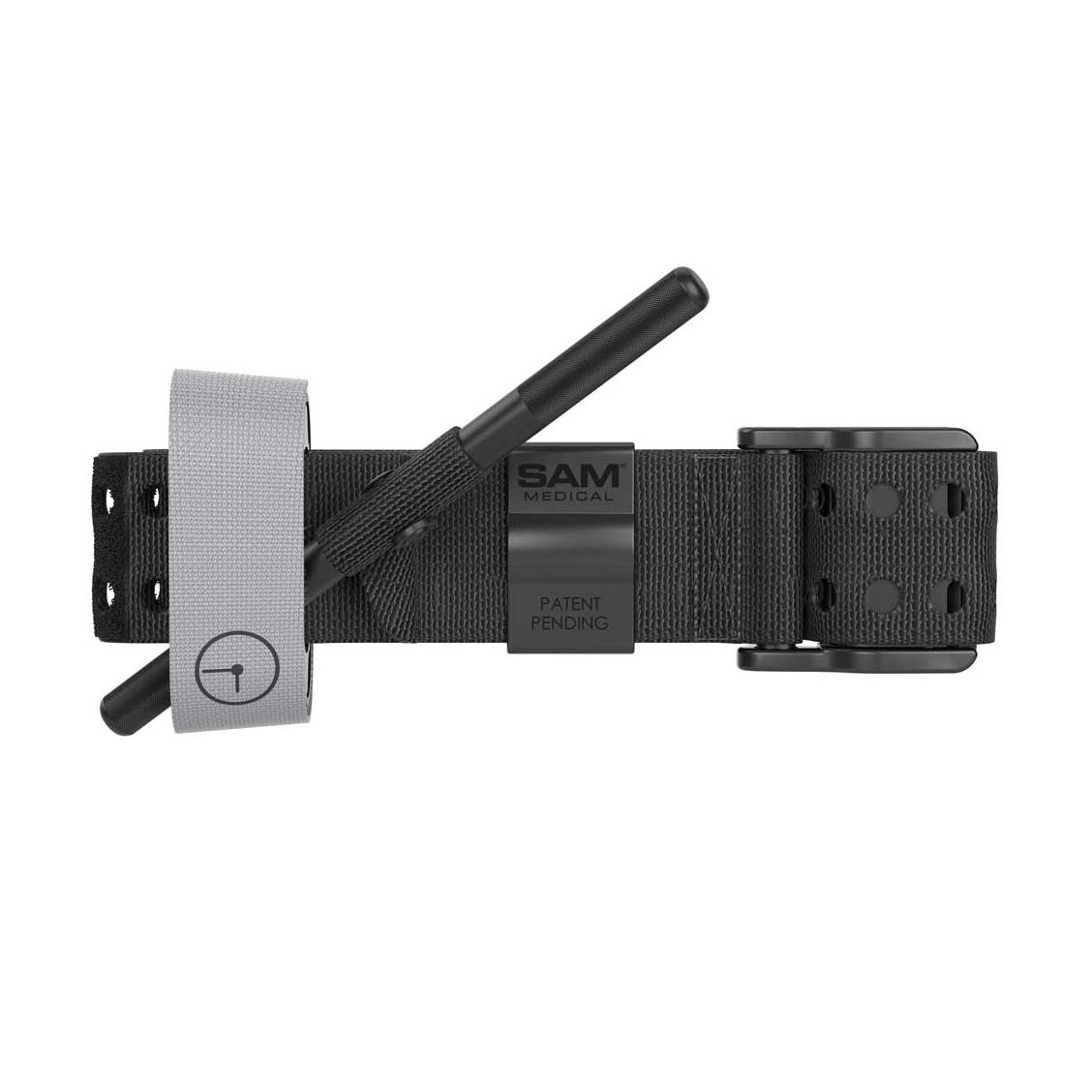 Schwarzes und graues SAM Medical taktisches Harness mit Belüftungslöchern, schwarzem Griff, texturierter Schnalle und grauem Gurt mit Uhrgrafik.