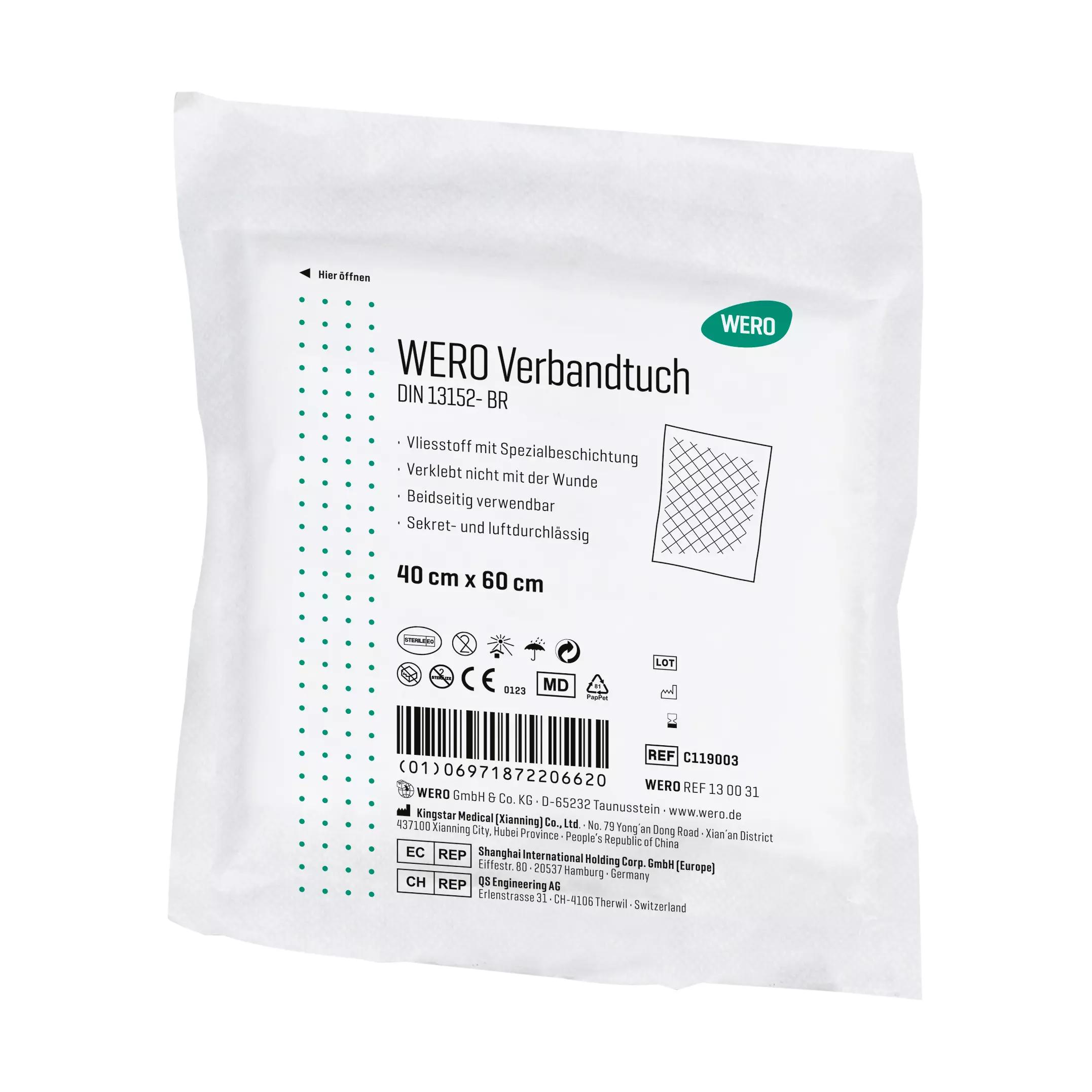 Steril verpacktes WERO Verbandtuch DIN 13152, 40 cm, im leichten Kunststoffbeutel mit grüner Beschriftung und Diagramm auf der Vorderseite.