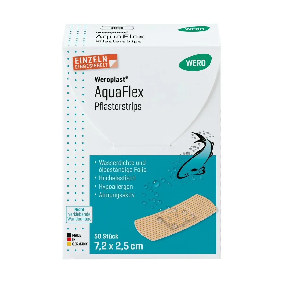 Schachtel Weroplast Aquaflex Pflasterstrips, 50 Stück, 7,2 x 2,5 cm, wasserabweisend, mit fischförmigem Motiv und Aufdruck Made in Germany