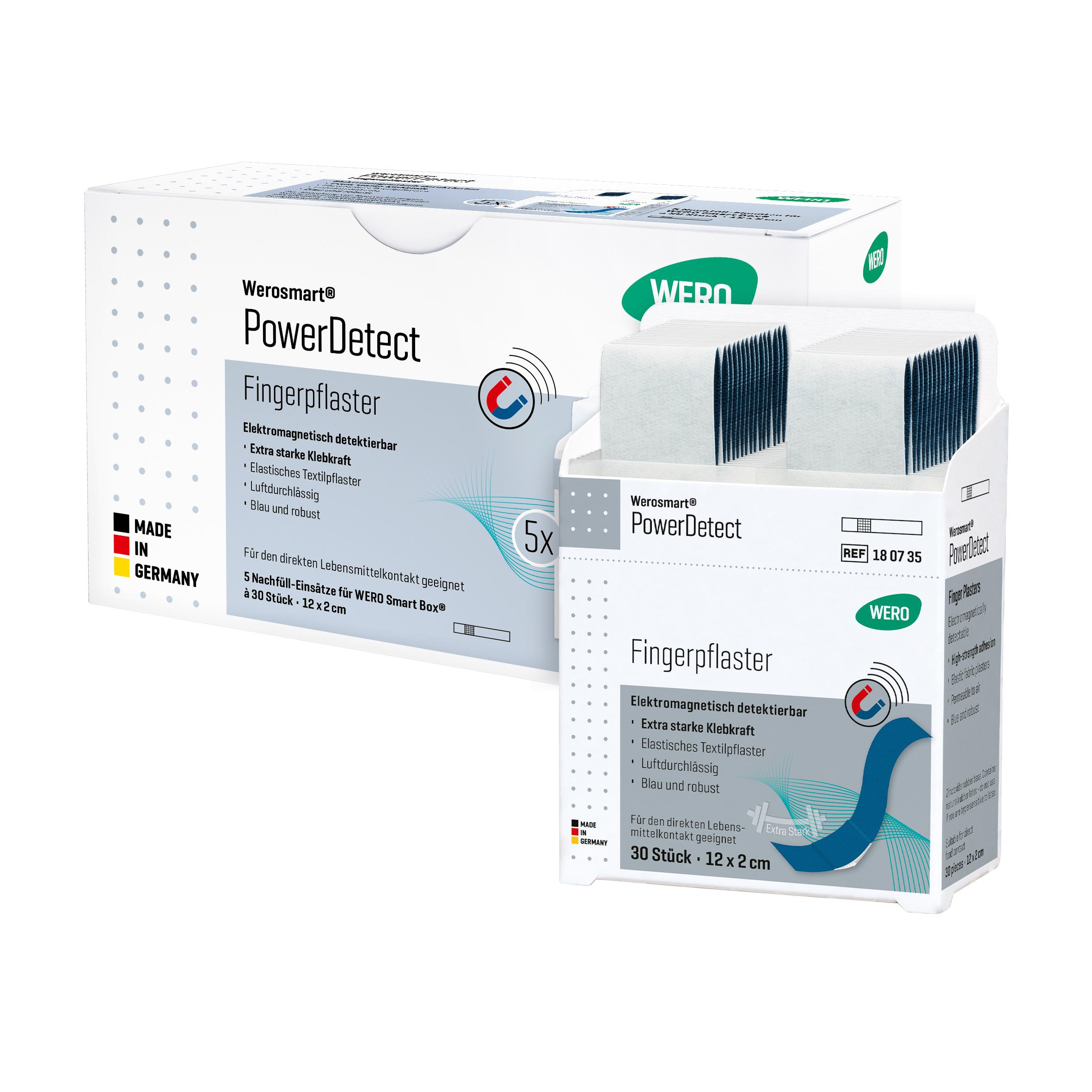 Zwei unterschiedlich große Boxen Werosmart® PowerDetect Pflasterspender-Einsätze Fingerpflaster mit extra starker Klebekraft und detektierbar durch blaue Färbung.