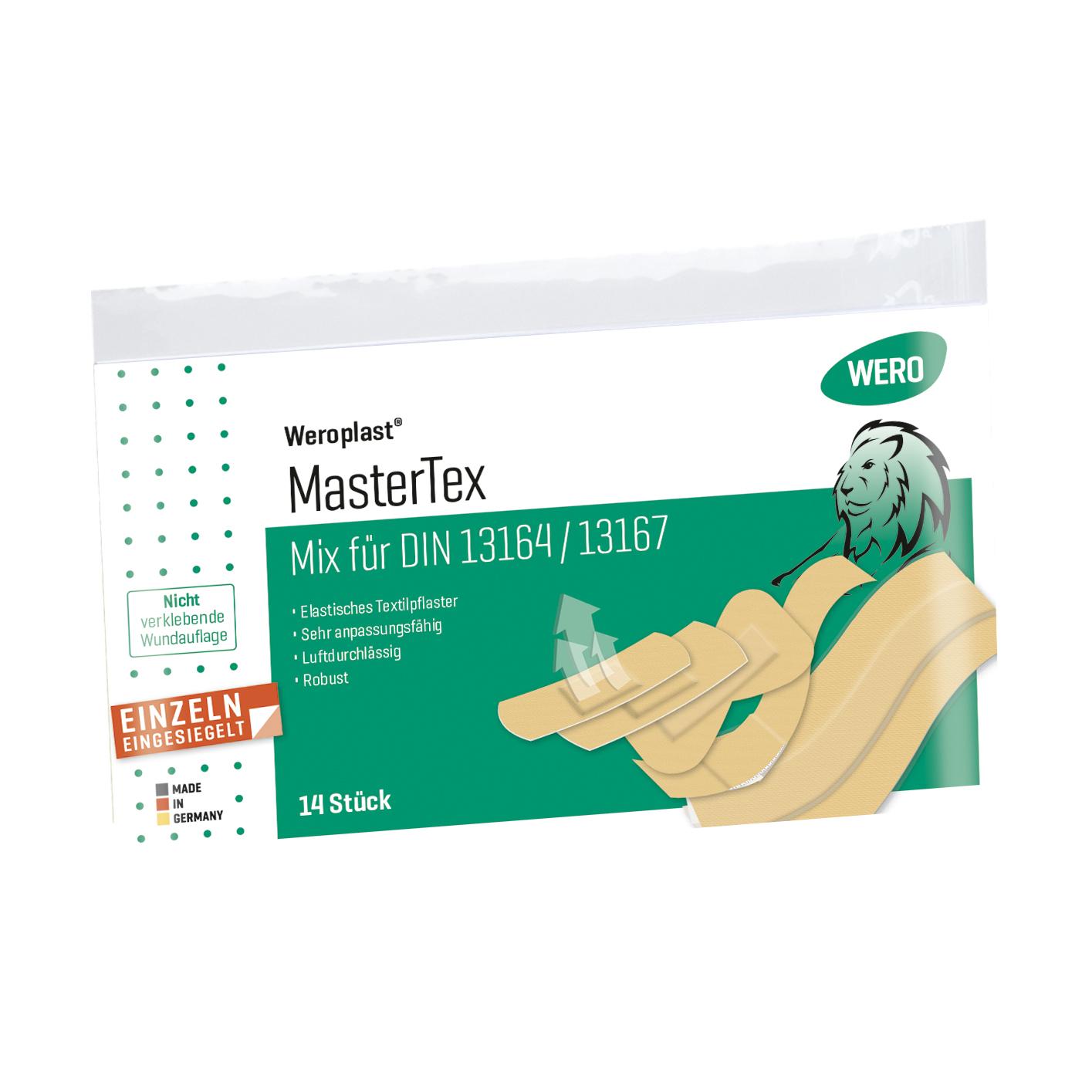 Rechteckige Packung Pflasterset Weroplast® MasterTex - DIN 13164 / 13167 mit Aufschrift, Löwenmotiv, elastischem Textilgewebe und luftdurchlässiger Eigenschaft.