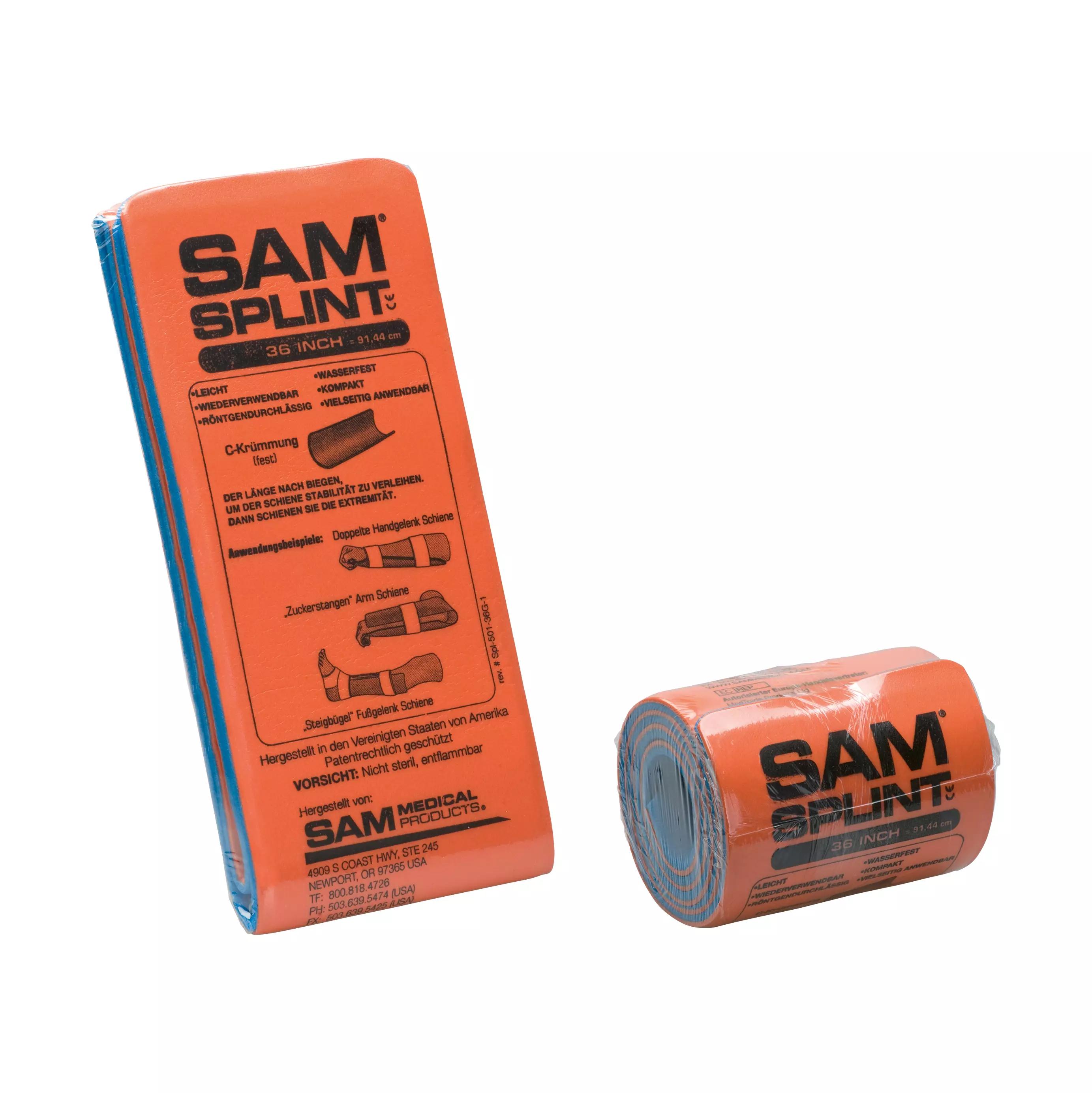 Zwei unterschiedlich große Packungen der SAM® SPLINT Universalschiene - gerollt mit dünnem Aluminiumkern und engmaschigem High-Tech-Schaumstoff.