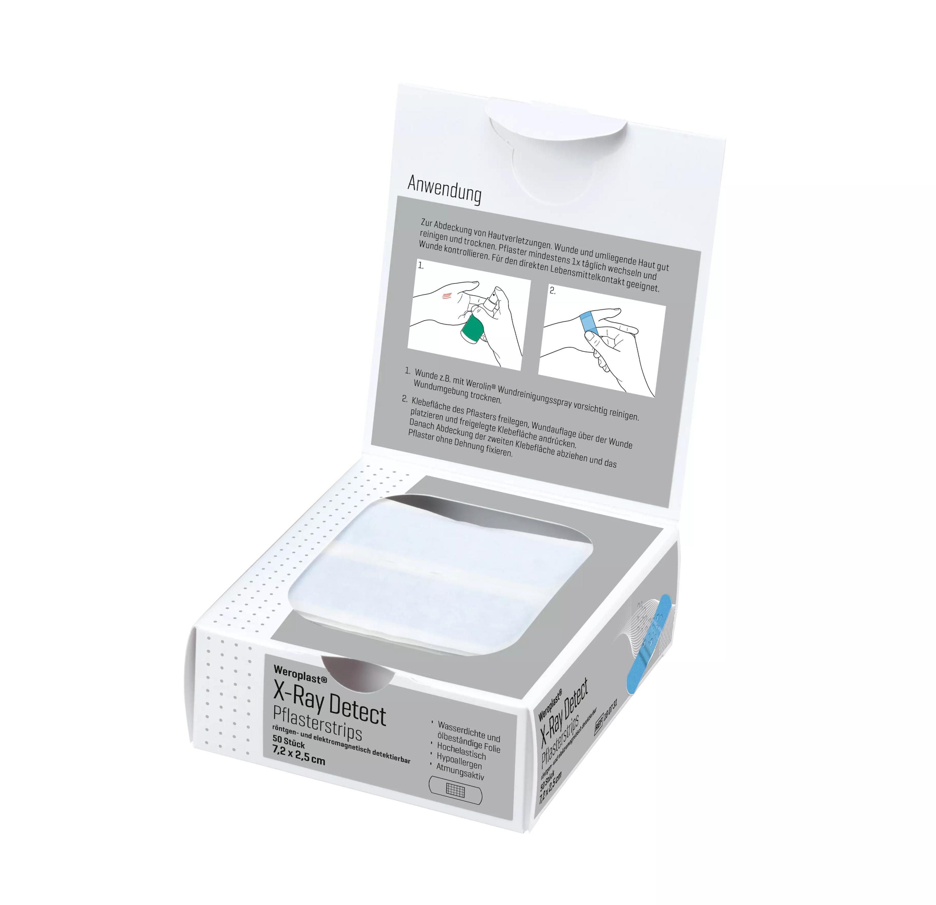 Pflasterstrips Weroplast® X-Ray Detect Packung mit Sichtfenster, 7,2 x 2,5 cm, detektierbar durch Metall- und Röntgengeräte, 50 Stück.