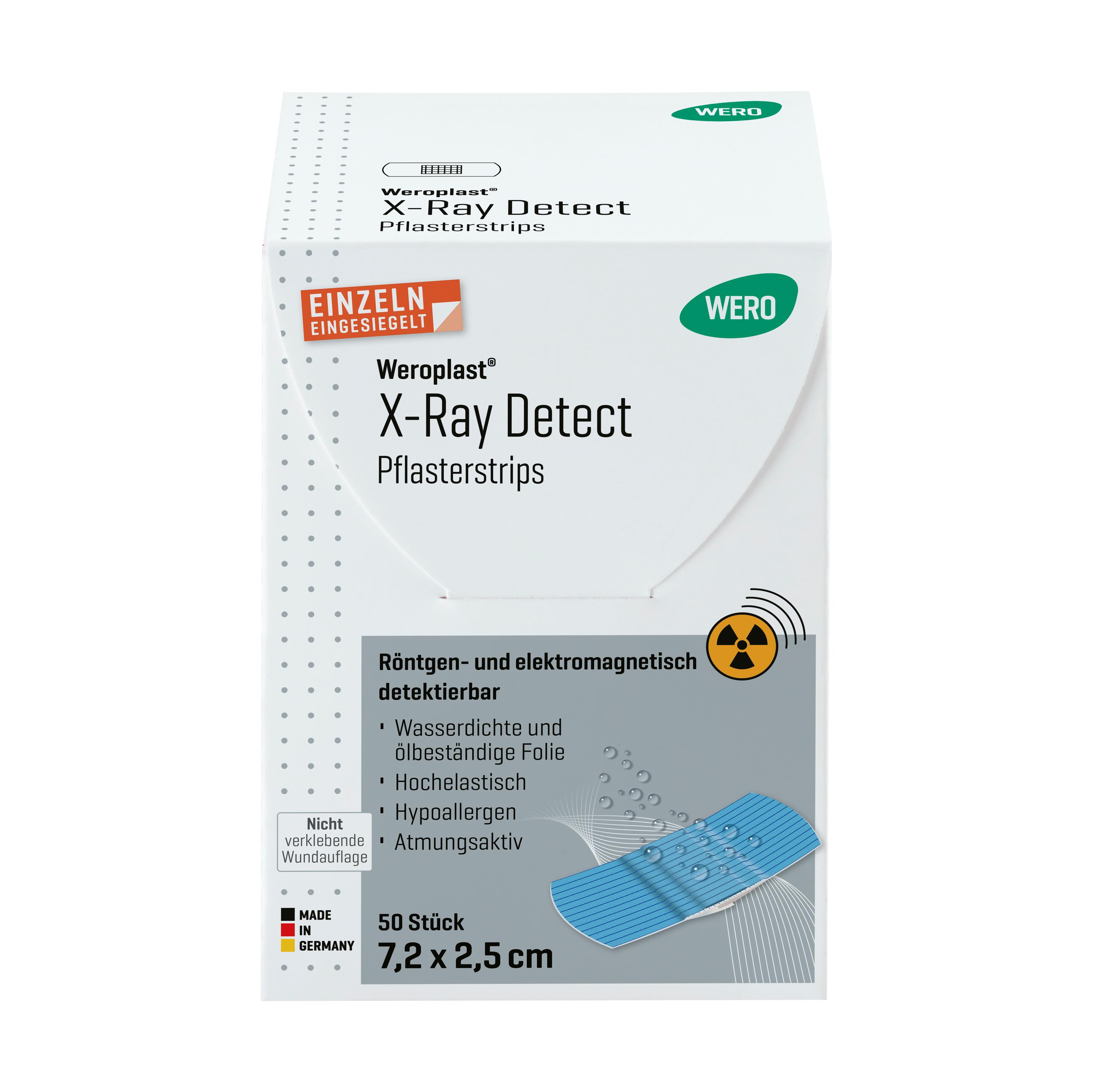 Pflasterstrips Weroplast® X-Ray Detect Packung mit Sichtfenster, 7,2 x 2,5 cm, detektierbar durch Metall- und Röntgengeräte, 50 Stück.
