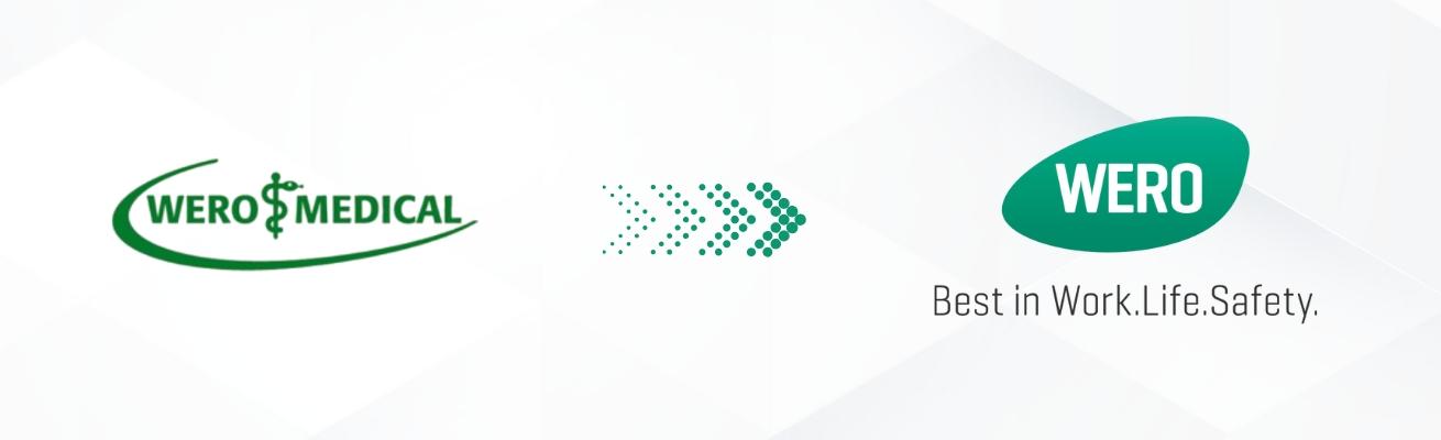Grüner Pfeil nach rechts zwischen WERO Logo und grünem medizinischen Symbol mit Schriftzug „Best in Work. Life. Safety.“