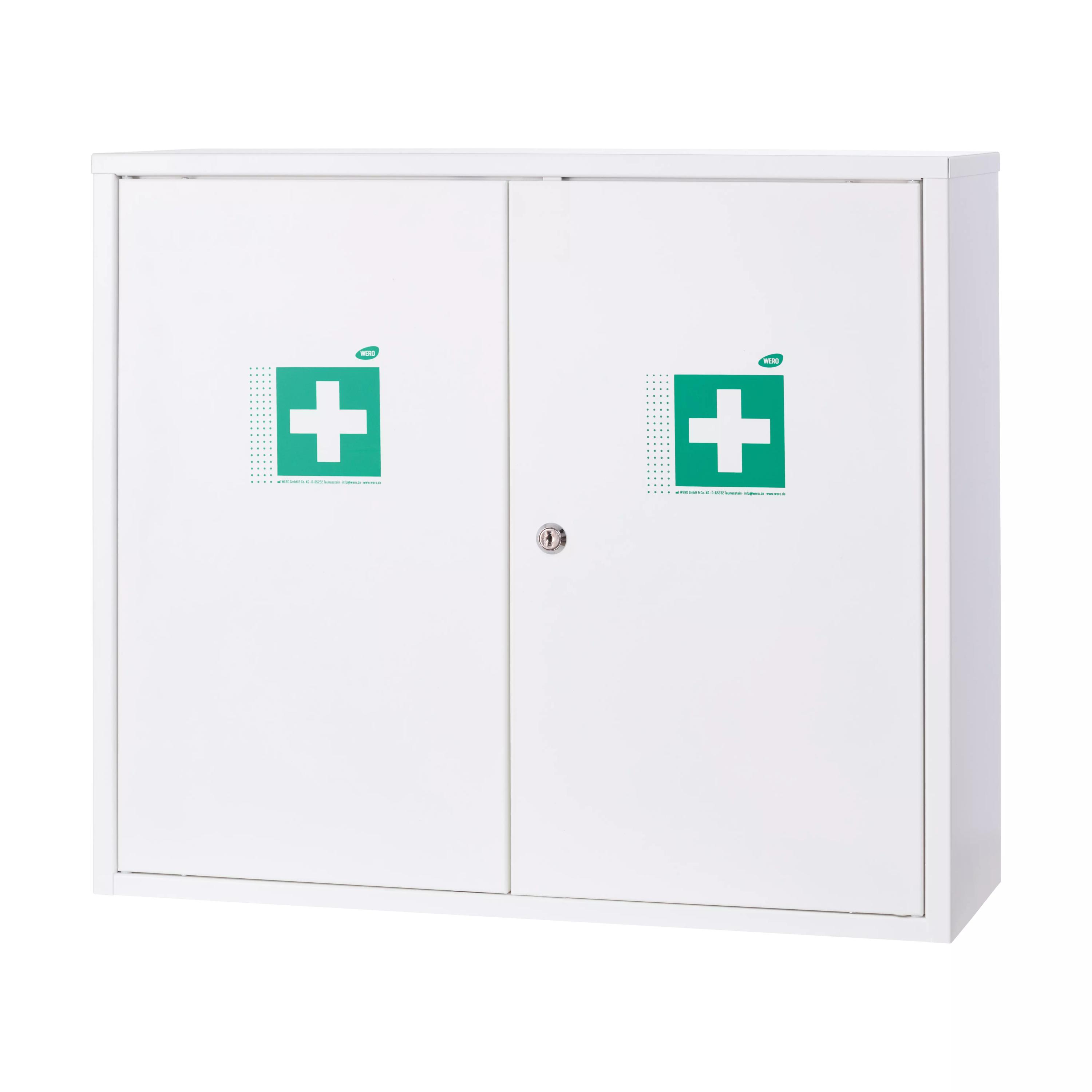 Weißer WERO Verbandschrank DuoDoor XL 500 aus Metall mit zwei Türen, grünen Kreuzen und zwei verstellbaren, extra tiefen Zwischenböden.