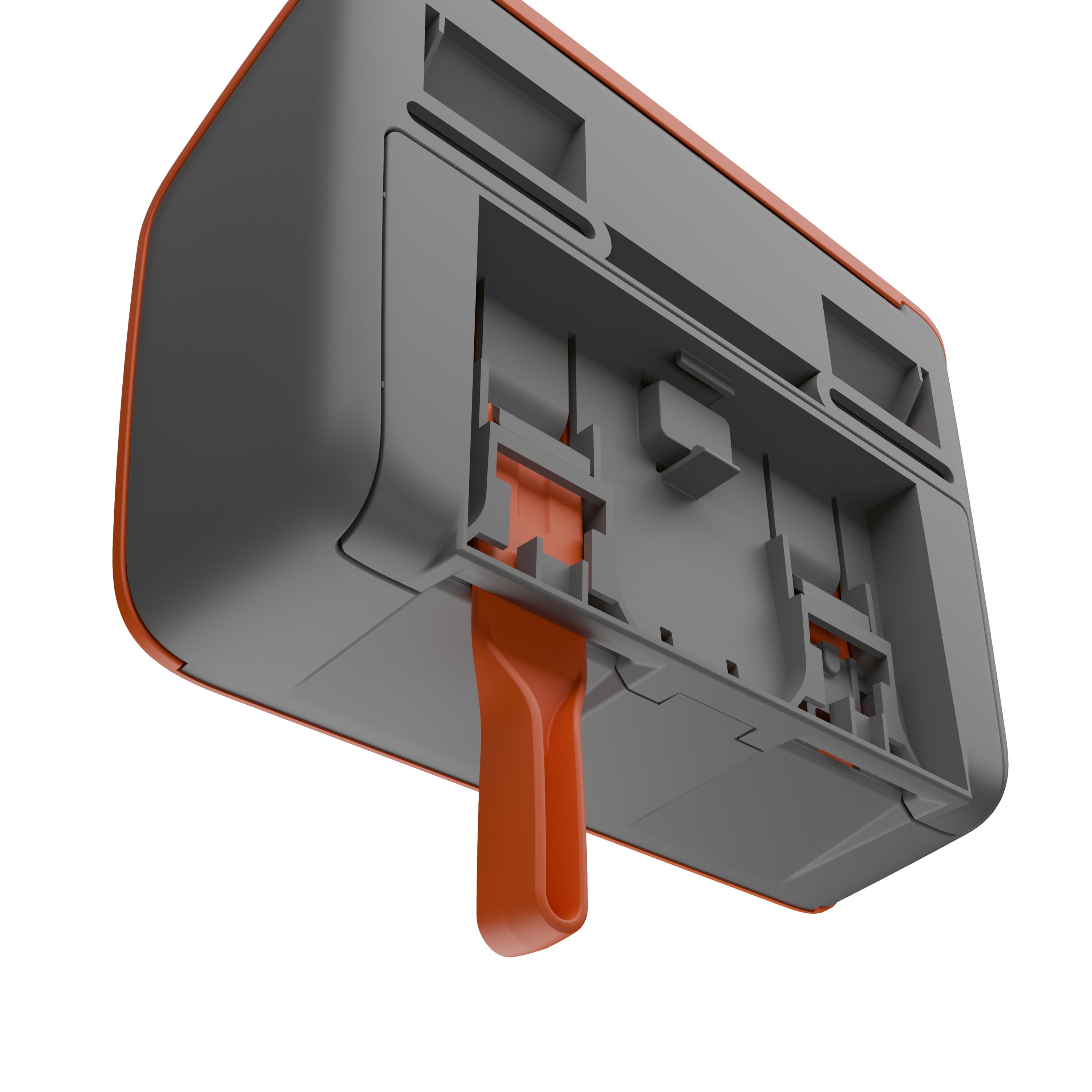 WERO Smart Box® Pflasterspender aus grauem ABS-Kunststoff mit orangefarbener Entriegelung, zeigt offene Rückseite mit enthaltenen Werosmart KunterBunt Pflasterstrips für Kinder.