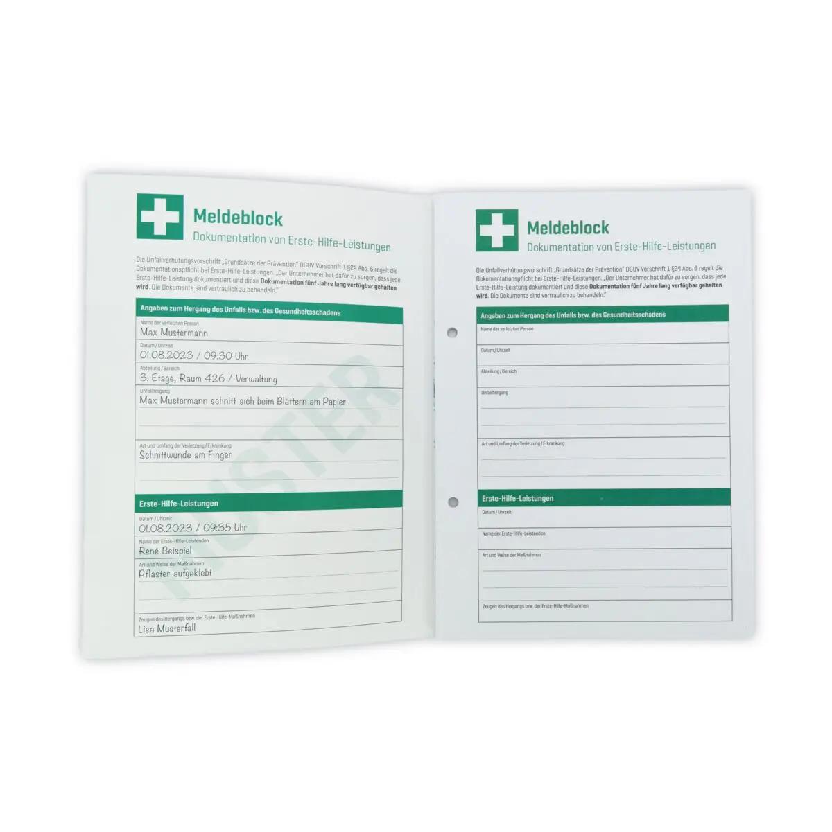 Zwei geöffnete Seiten des WERO Meldeblock mit vorgedruckten Formularen zur rechtskonformen Dokumentation von Erste-Hilfe-Leistungen.