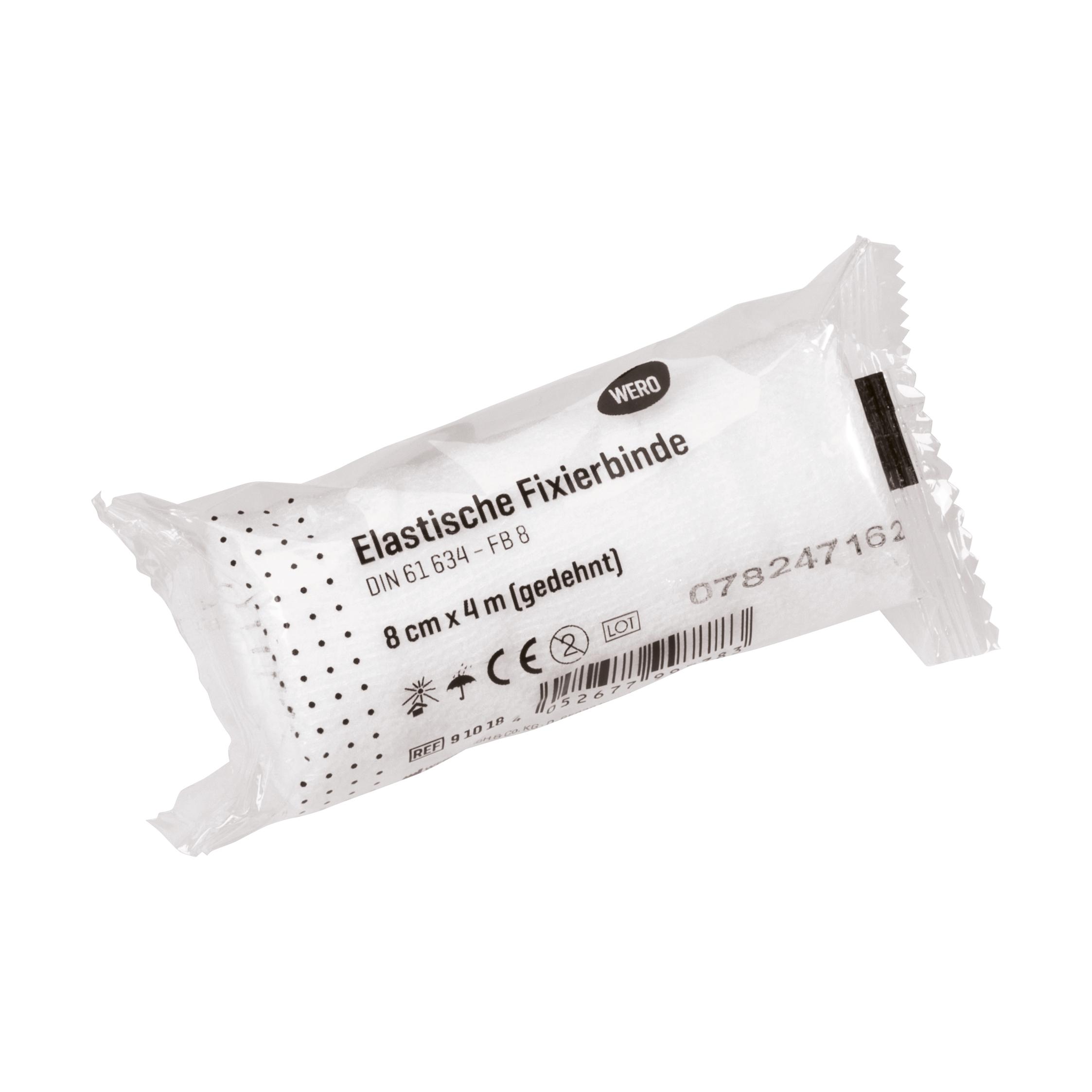 Mullbinde Elastische Fixierbinde DIN 61634 mit 8 cm Breite, einzeln verpackt, aus dehnbarem, weichem, luftdurchlässigem Material.