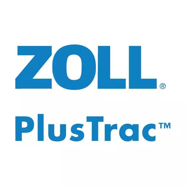 Logo von PlusTrac Online-Fernüberwachung für ZOLL AED 3, blauer Schriftzug mit registriertem Markenzeichen und markantem Schriftstil.