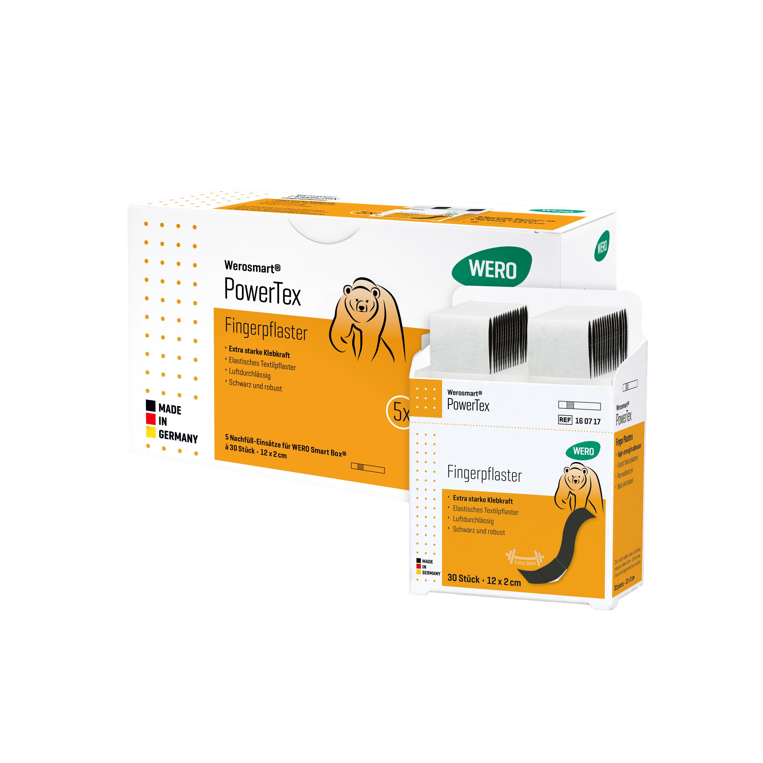 Zwei orange-weiße Boxen Werosmart® PowerTex Pflasterspender-Einsätze Fingerpflaster mit grüner Bären-Illustration und Produktdetails nebeneinander.