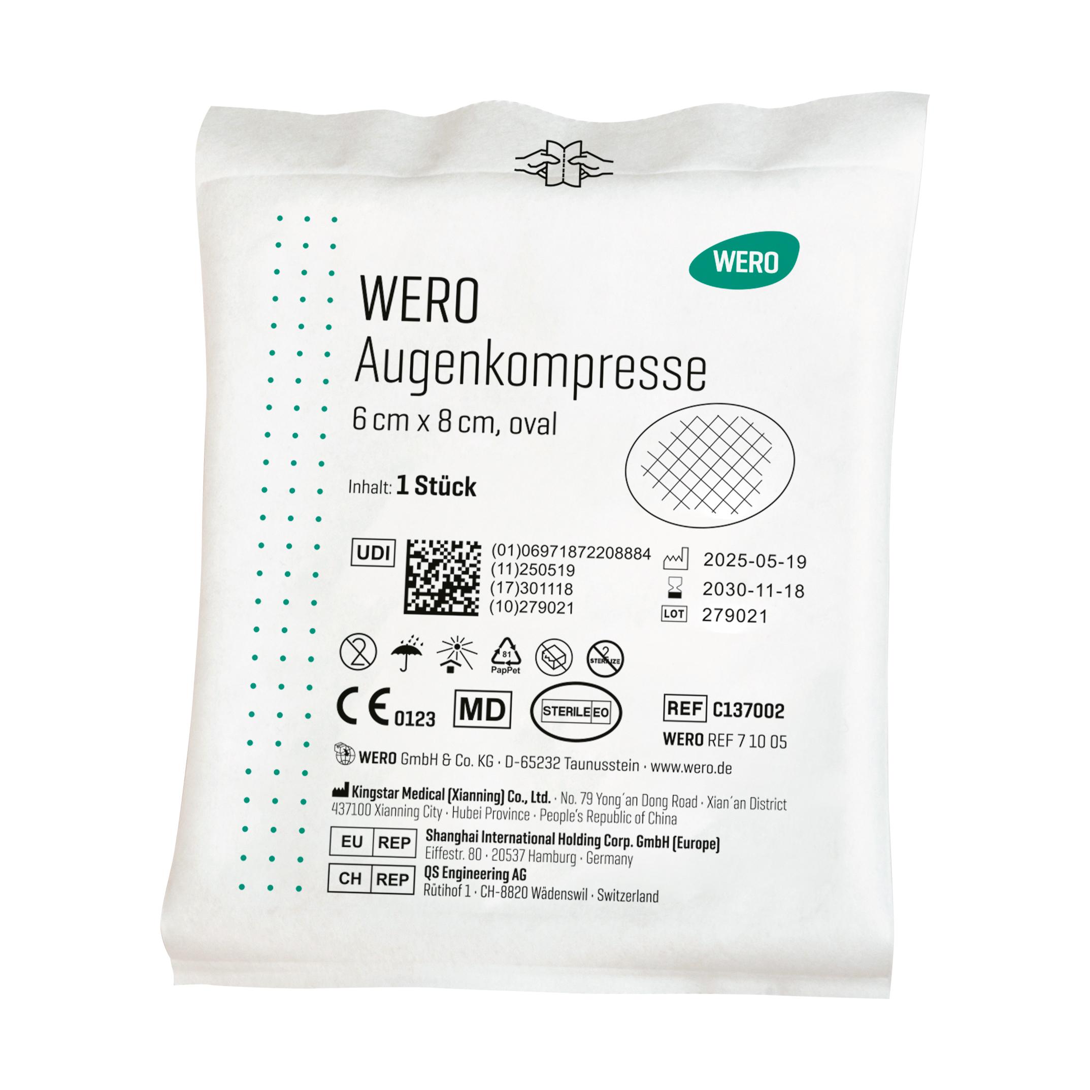 Sterile Augenkompresse oval 6x8 cm einzeln verpackt, Aufschrift "HERO" und Herstellerinformationen auf medizinischer Verpackung