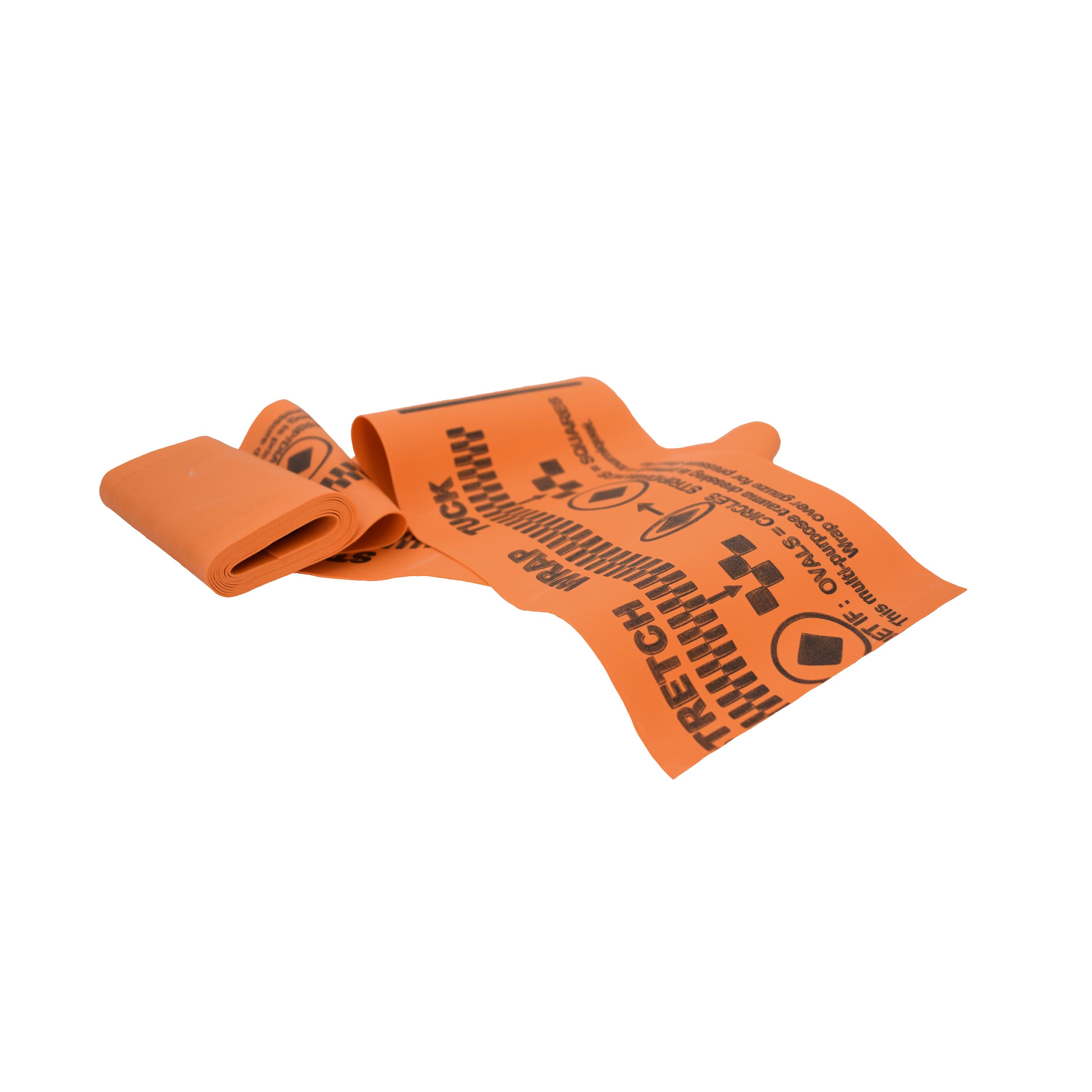 Eine Rolle Tourniquet SWAT - T - Orange mit schwarzem Aufdruck, leicht anzuwenden, geeignet für Erwachsene, Kinder und Tiere.