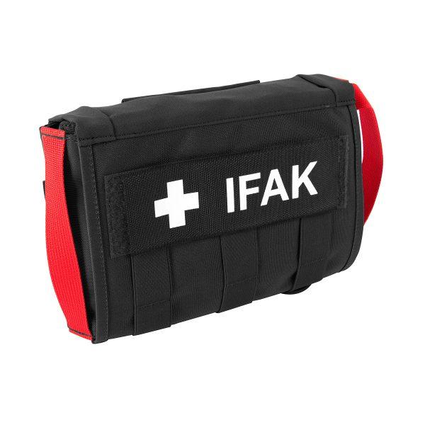 Schwarzes TT Head Rest IFAK Erste-Hilfe-Set mit Klettverschluss, "IFAK" Patch und markierbarer Klettfläche, aufrecht stehend mit roten Trageschlaufen.