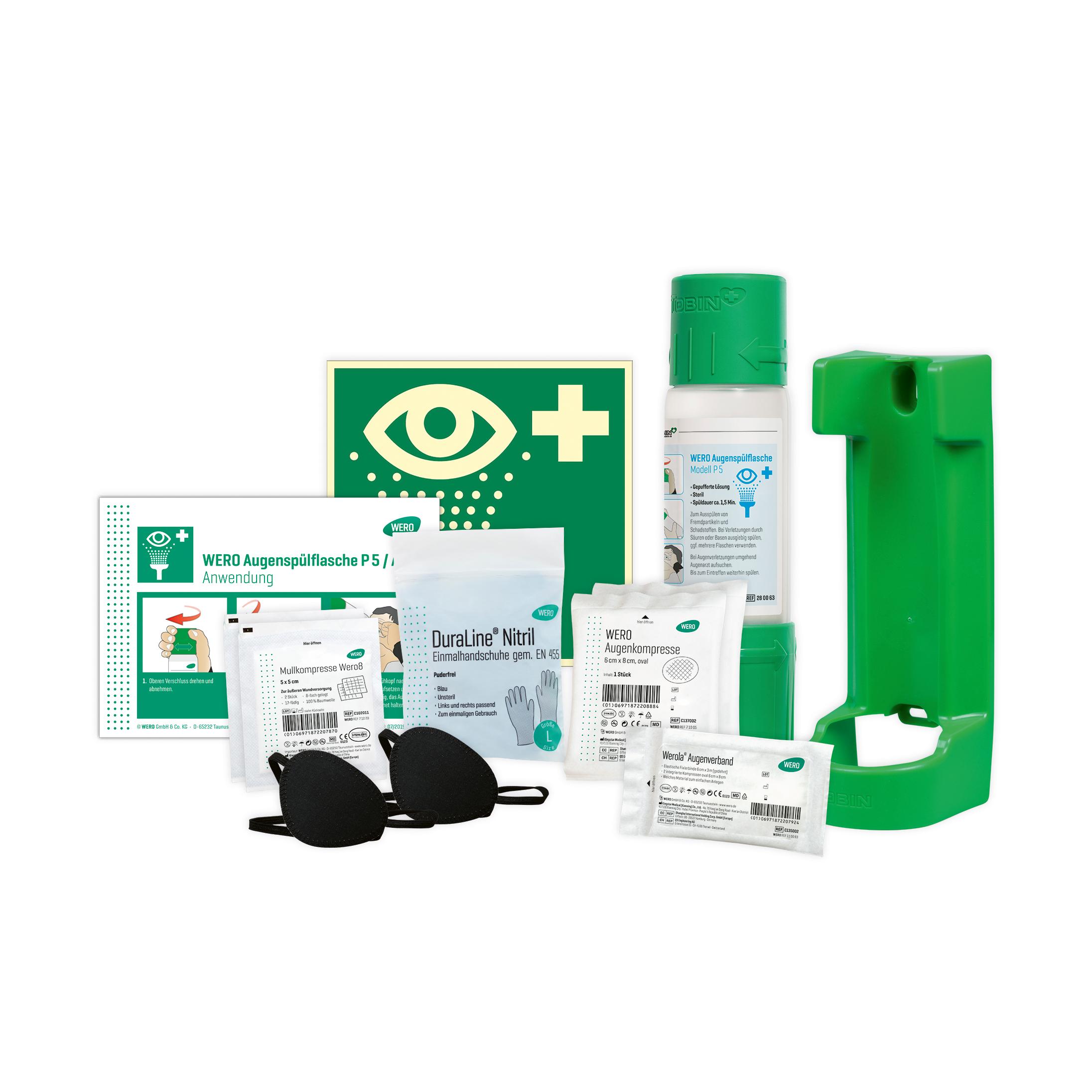 WERO Augenspülung Starter Kit mit grüner Augenspülflasche, reflektierendem Augensymbol-Schild, Augenverband-Set und Rettungszeichen sortiert angeordnet.