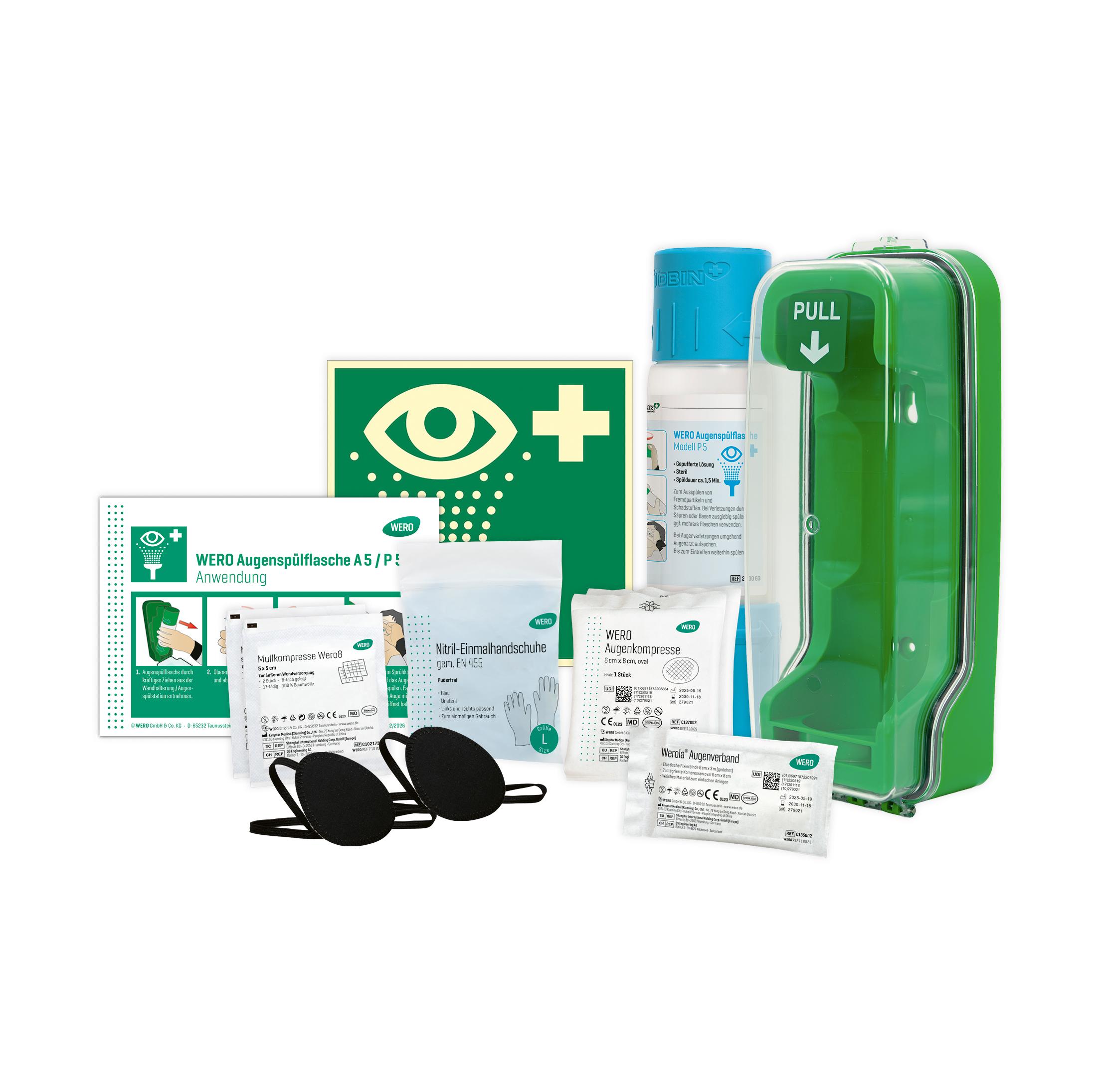 WERO Augenspülung Starter Kit mit grüner Augenspülflasche, reflektierendem Augensymbol-Schild, Augenverband-Set und Rettungszeichen sortiert angeordnet.