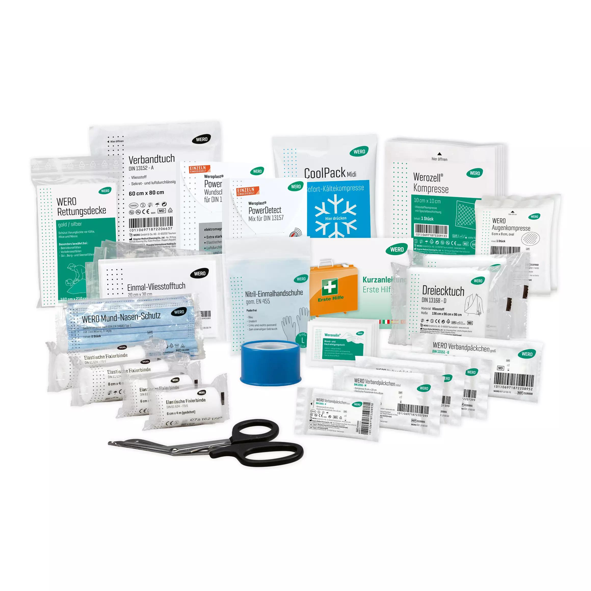 Sorgfältig sortierte WERO Basis Füllung DIN 13157 mit Weroplast PowerDetect Pflaster, inklusive Verbände, Pflaster, Kompressen und Erste-Hilfe-Zubehör.