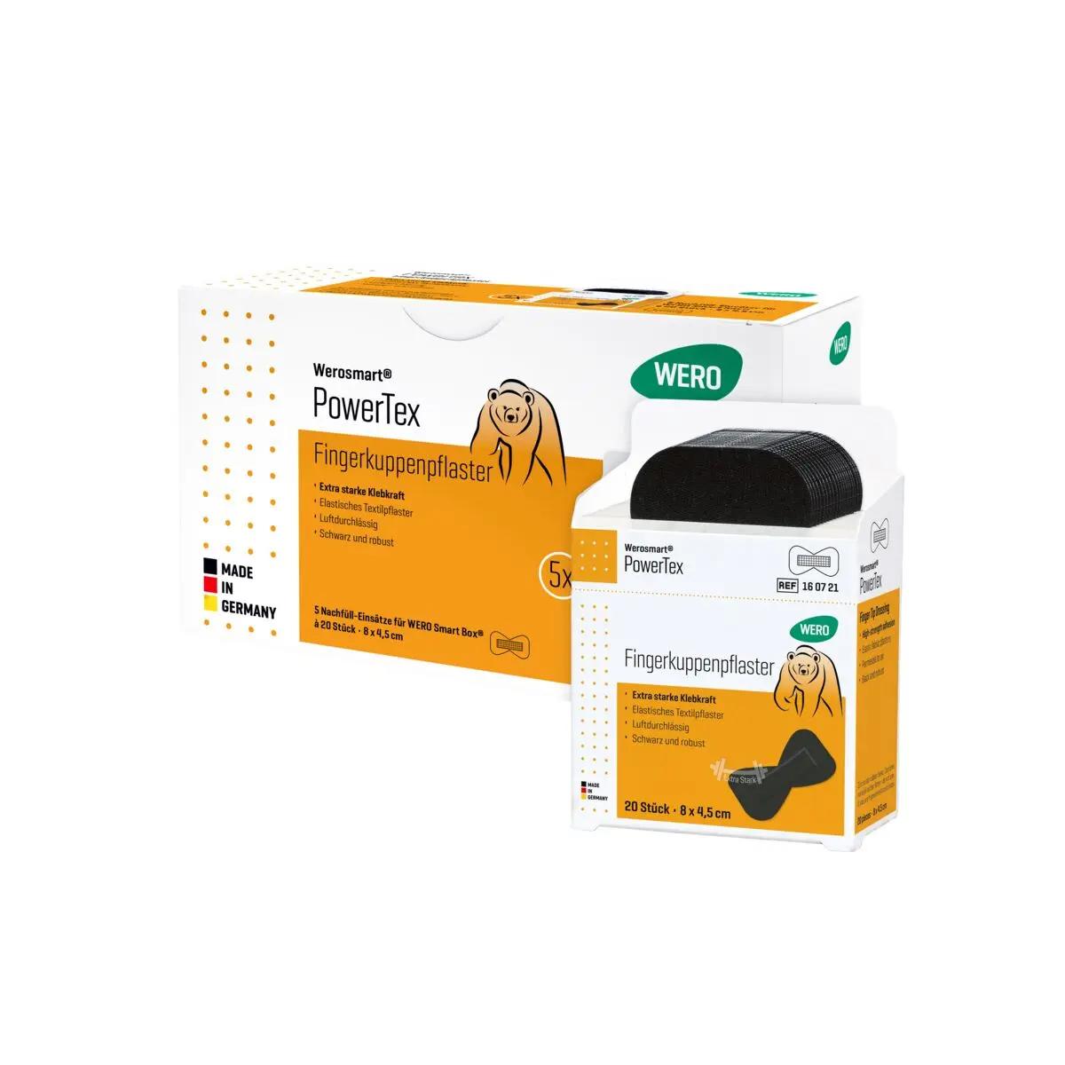 Eine orange-weiße Verpackung mit grünem Werosmart® PowerTex Pflasterspender-Einsätze Fingerkuppenpflaster und Bärenmotiv für sanfte Fingeranwendung.